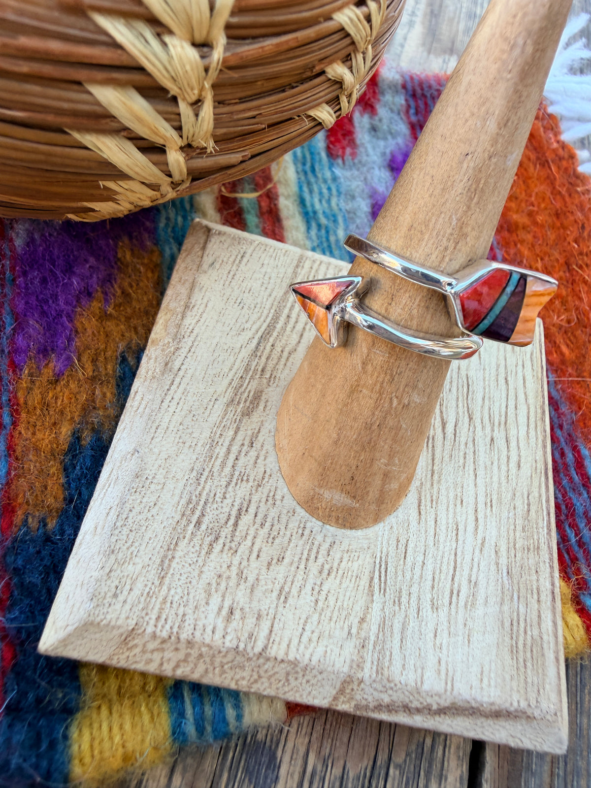 Handcrafted Sterling Silver, Spiny Oyster & Turquoise Inlay Adjustable Arrow Ring