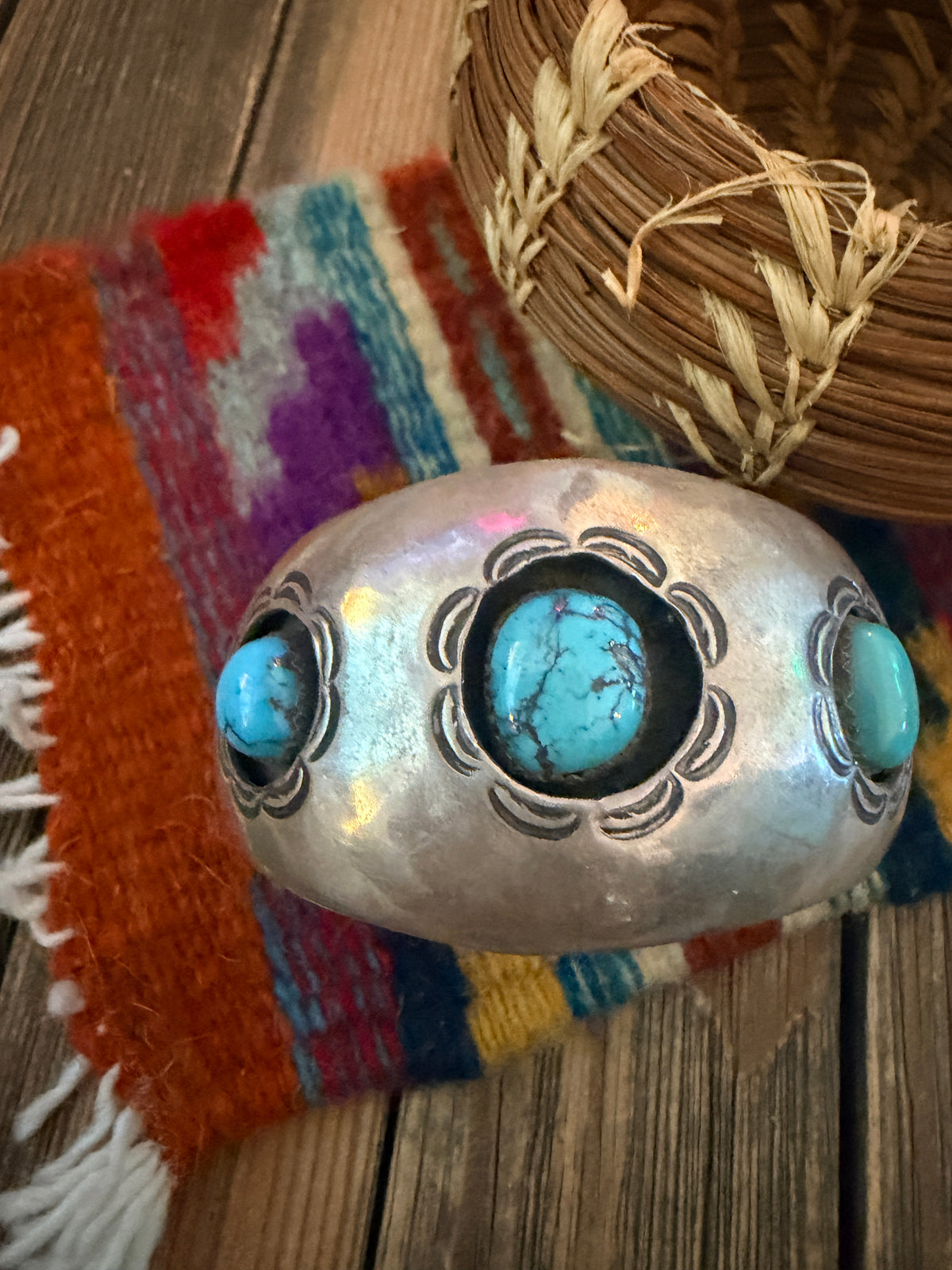 Handcrafted Old Pawn Sterling Silver & Turquoise Cuff Bracelet