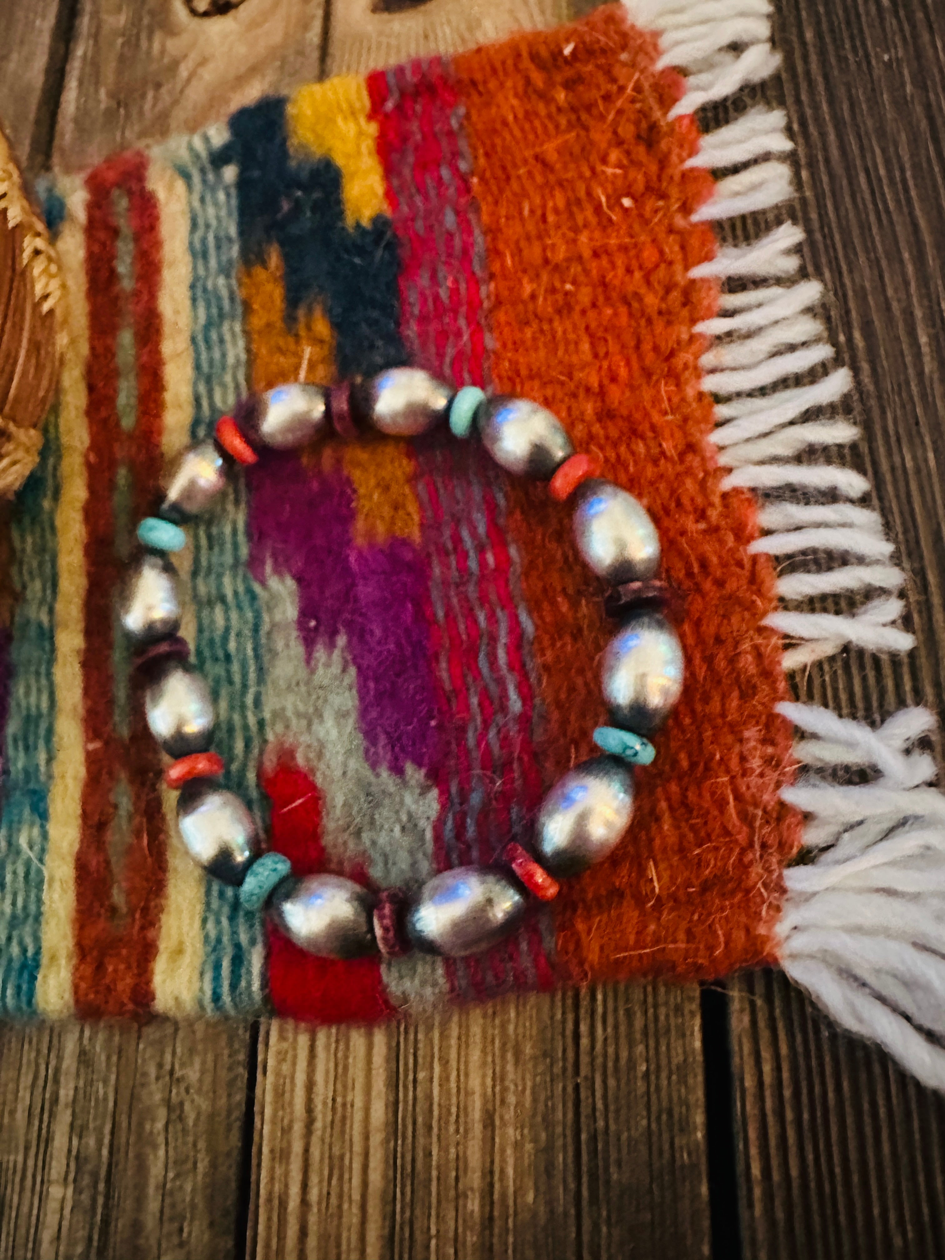 Handcrafed Turquoise, Spiny & Sterling Silver Pearl Beaded Stretch Bracelet