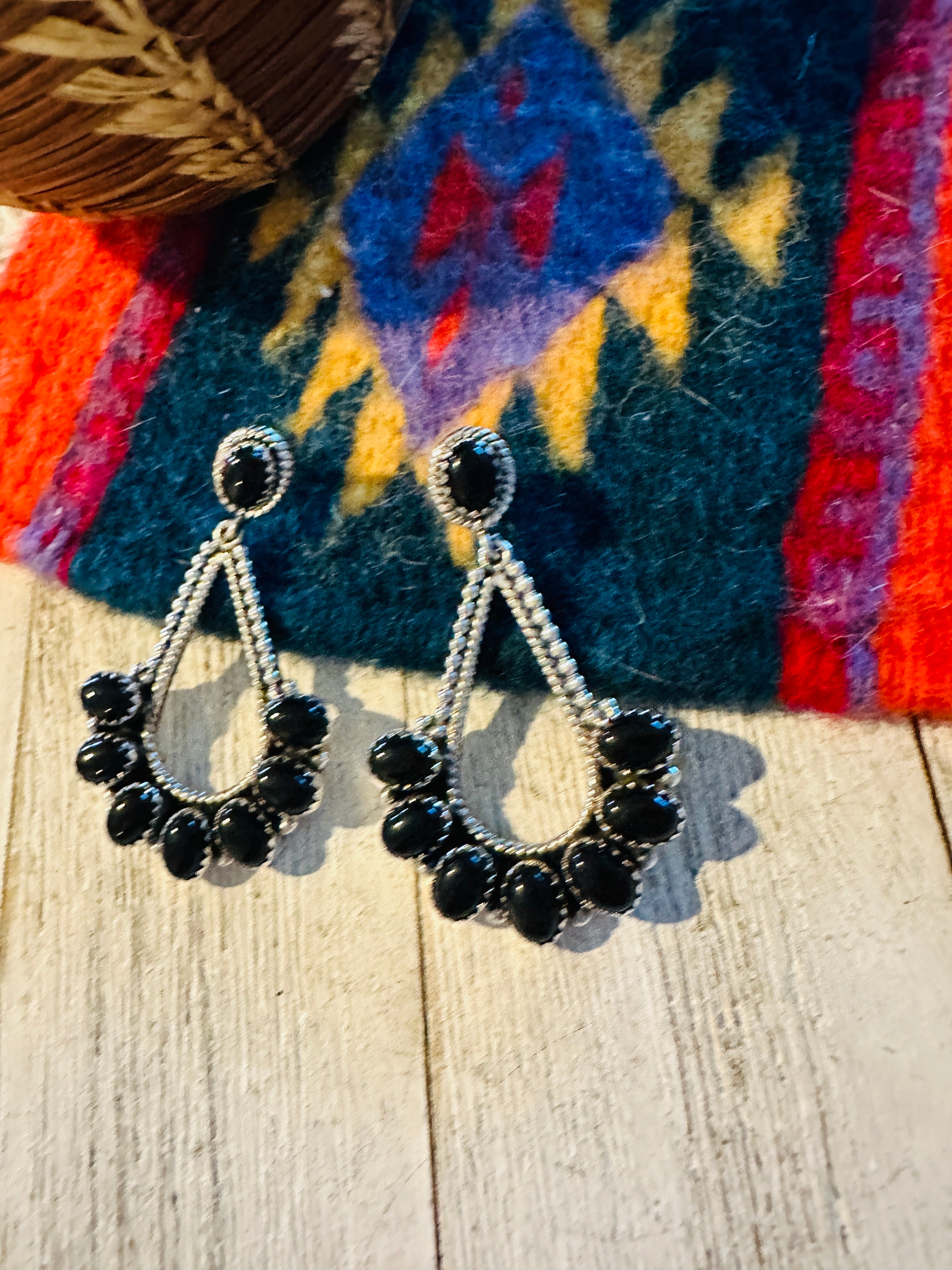 Handmade Black Onyx & Sterling Silver Dangle Earrings Signed Nizhoni