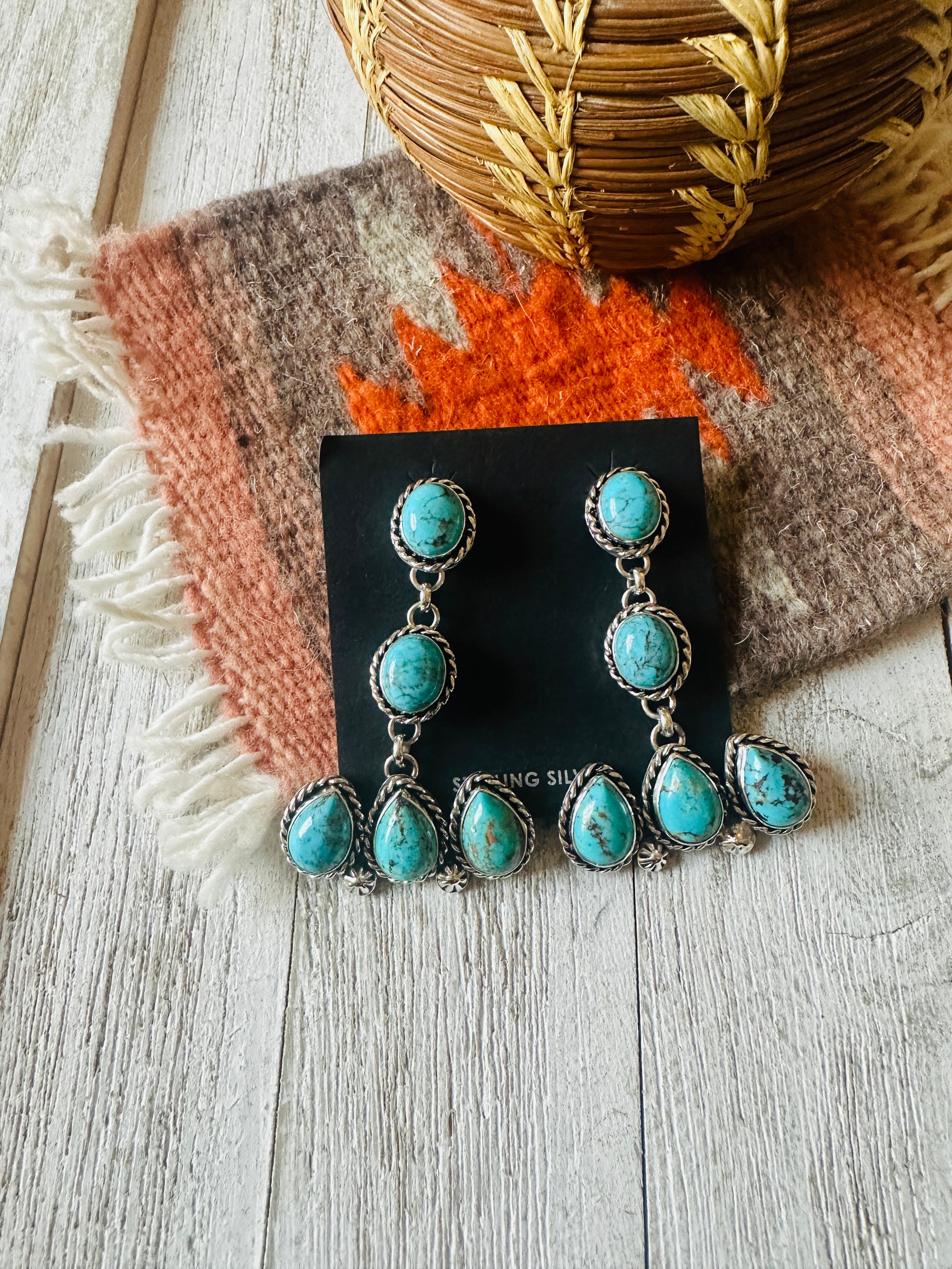 Navajo Turquoise And Sterling Silver Dangle Earrings