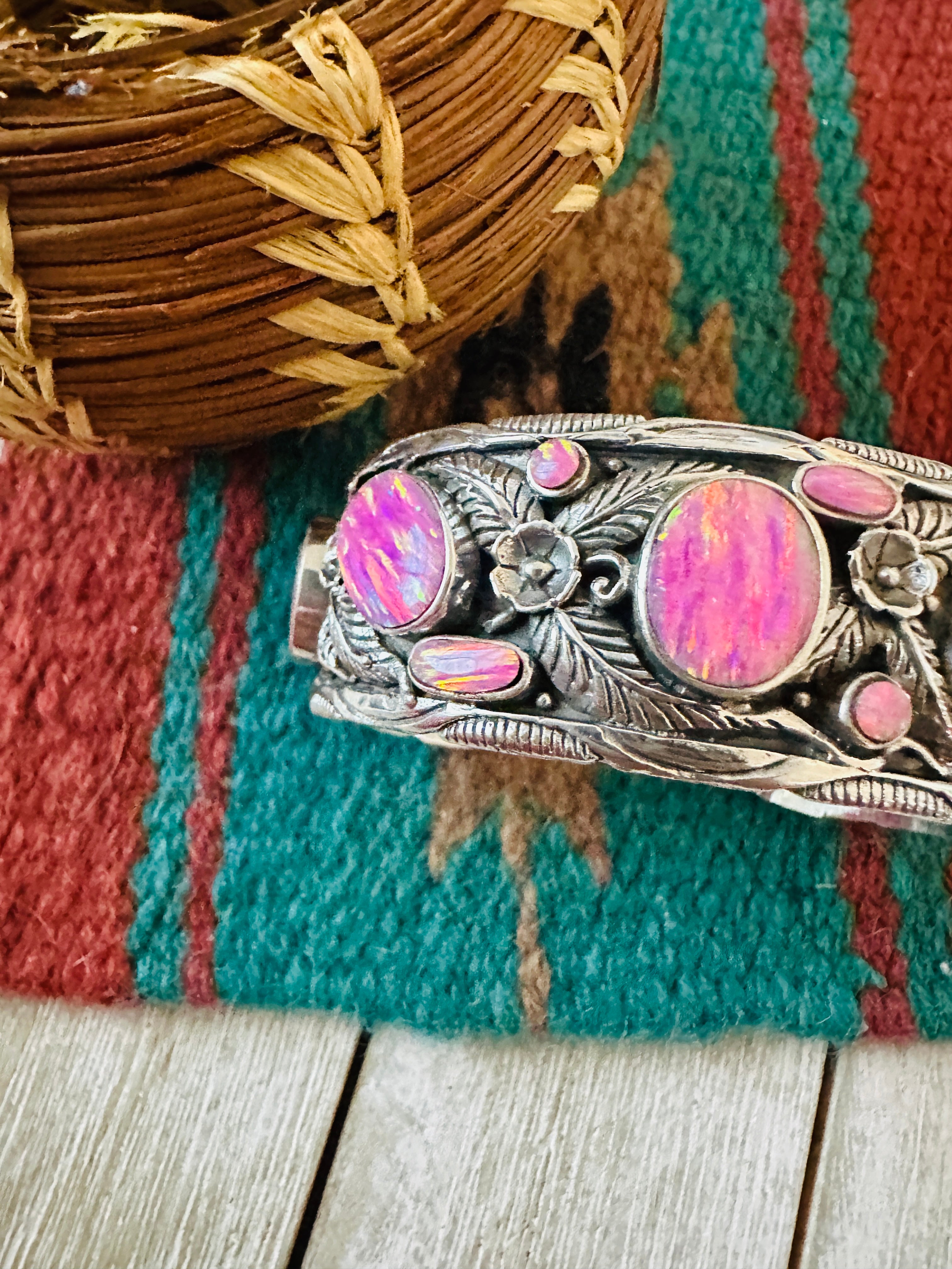Handmade Sterling Silver Synthetic Opal Cuff Bracelet with Signed Nizhoni