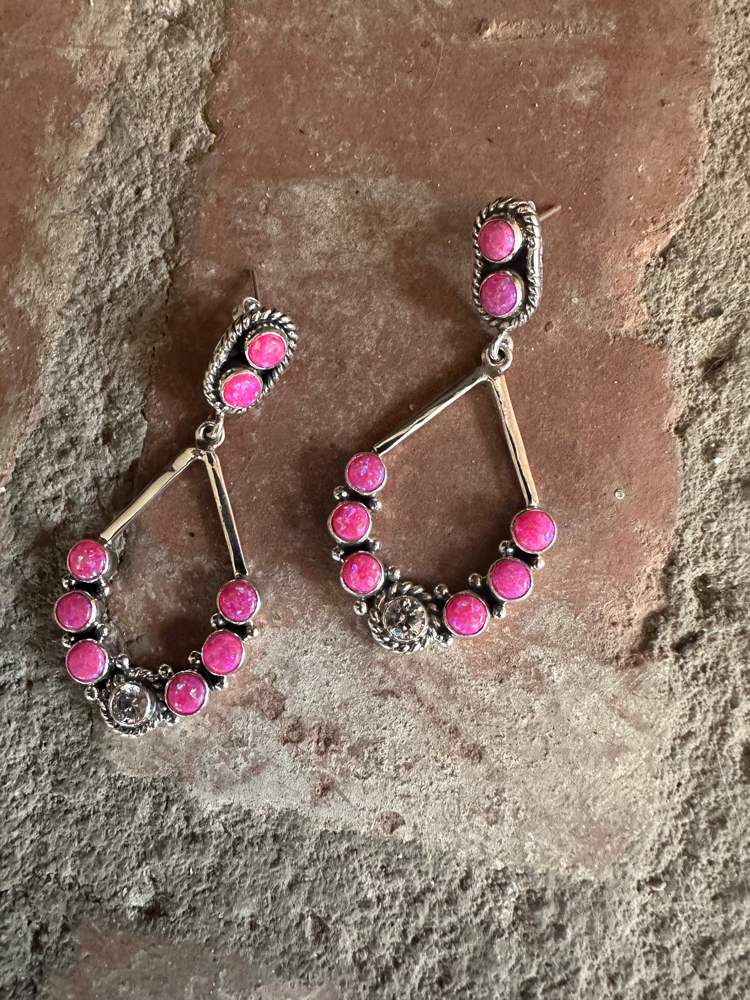 Handmade Hot Pink Fire Opal, CZ and Sterling Silver Handmade Dangles