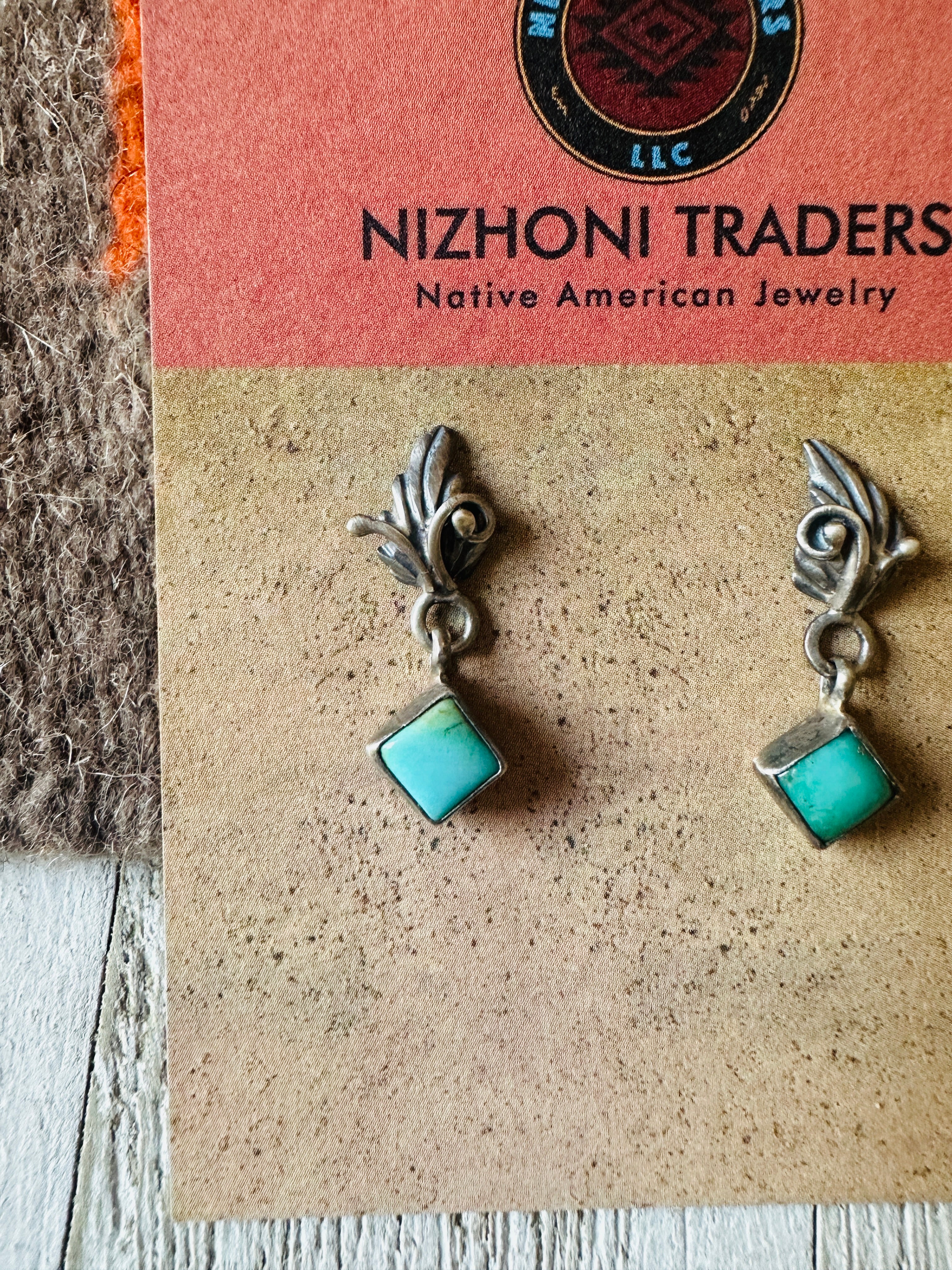 Navajo Turquoise & Sterling Silver Leaf Dangle Earrings