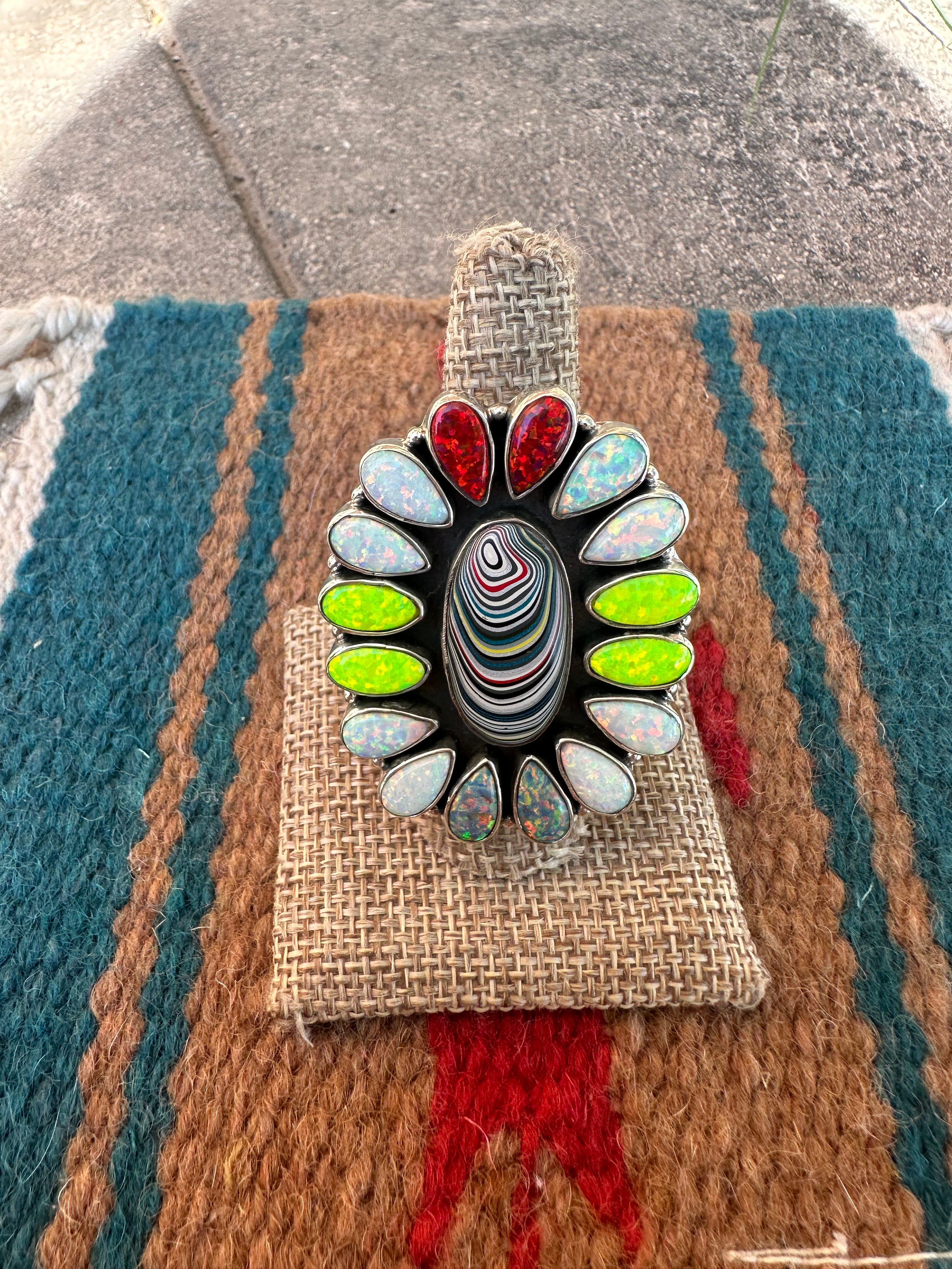 Handmade Sterling Silver, Fordite & Fire Opal Cluster Adjustable Ring 1