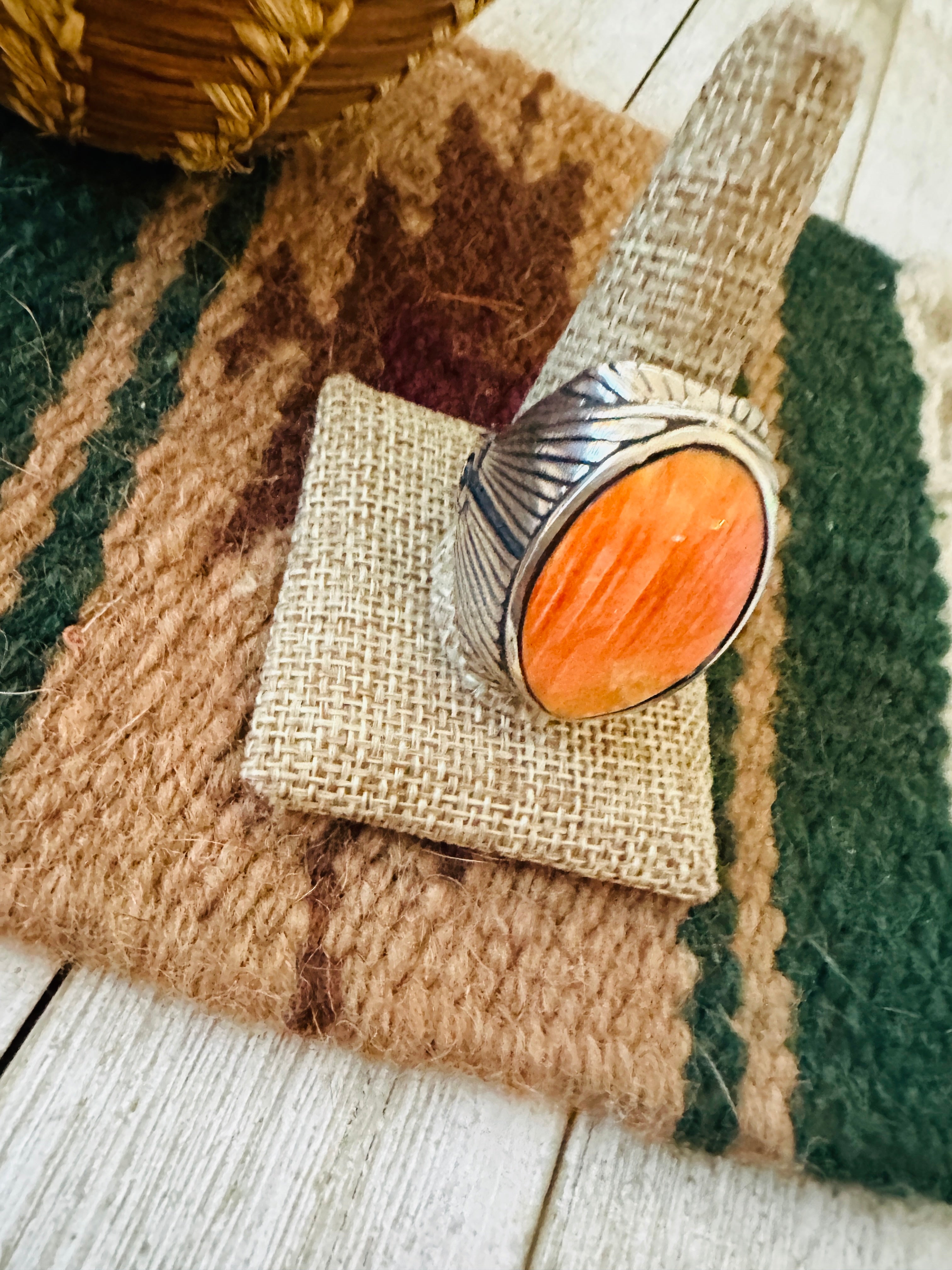 Handcrafted Old Pawn Sterling Silver & Orange Spiny Men’s Ring Size 12