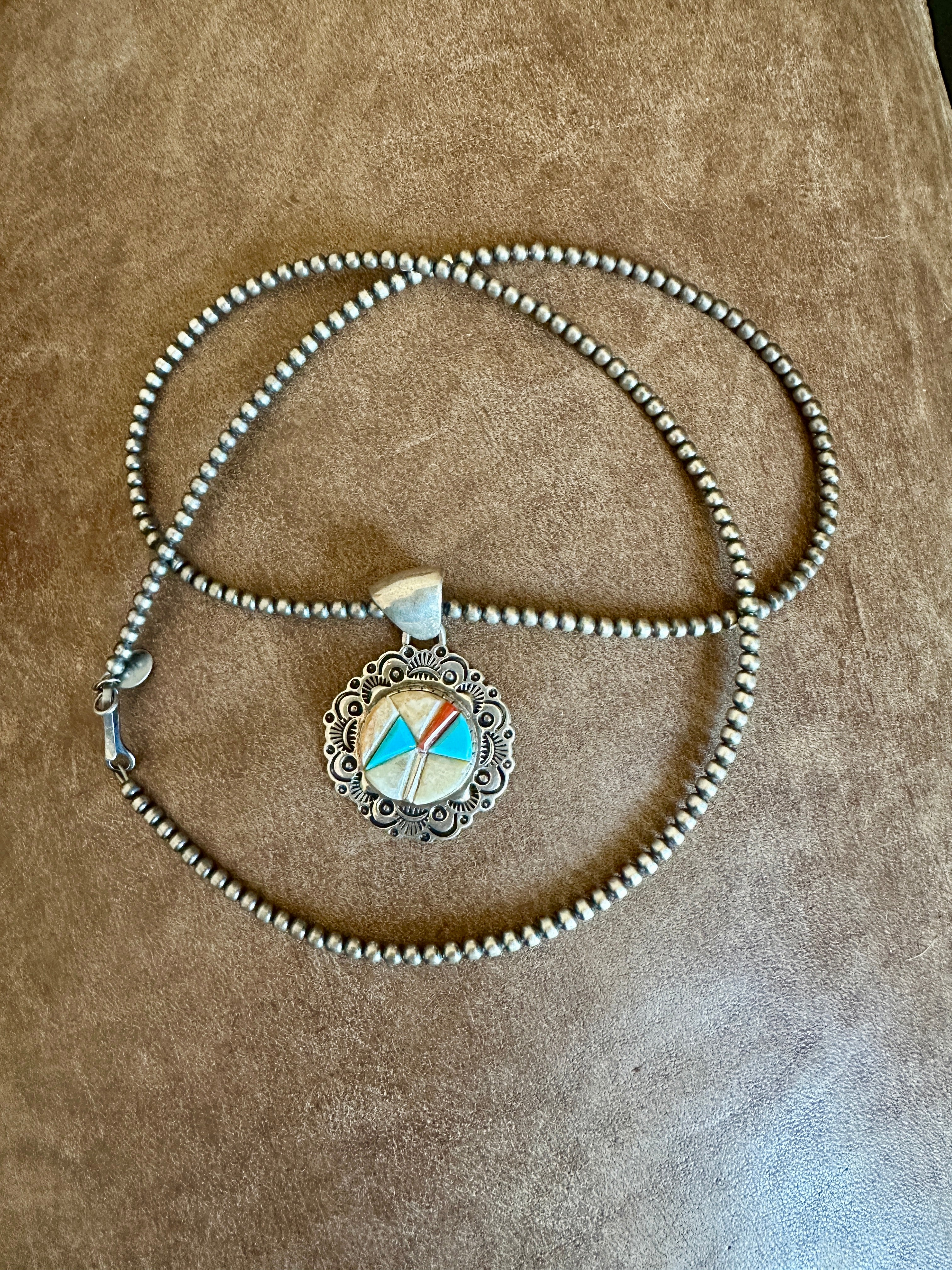 Handcrafted Turquoise, Coral & Mother of Pearl Pendant Necklace