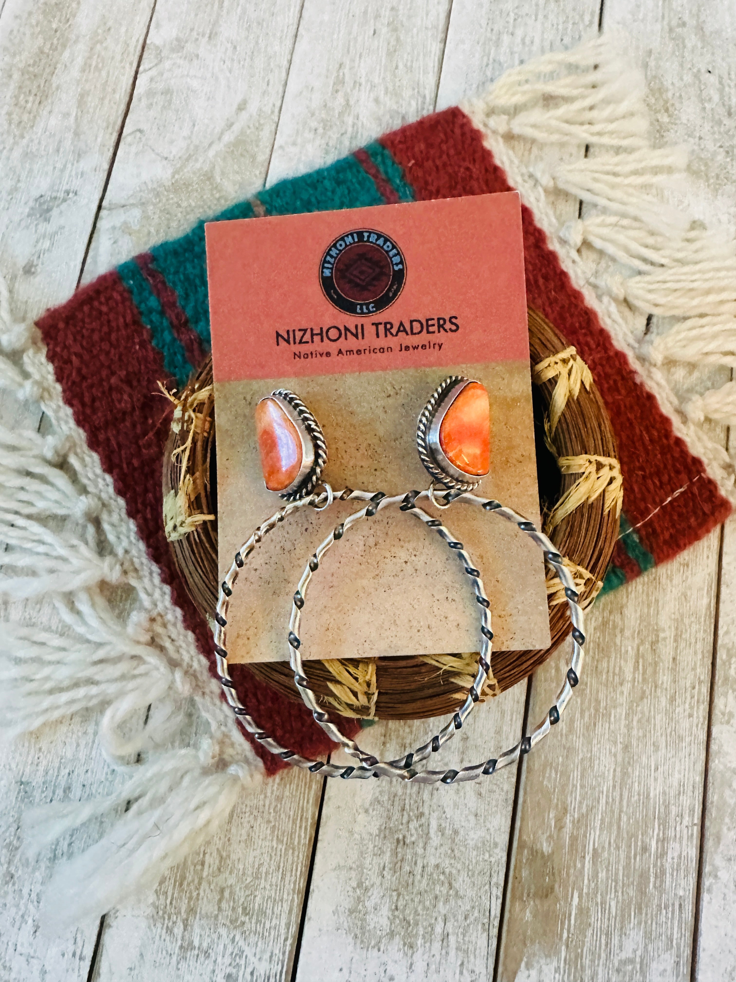 Navajo Orange Spiny and Sterling Silver Dangle Hoop Earrings