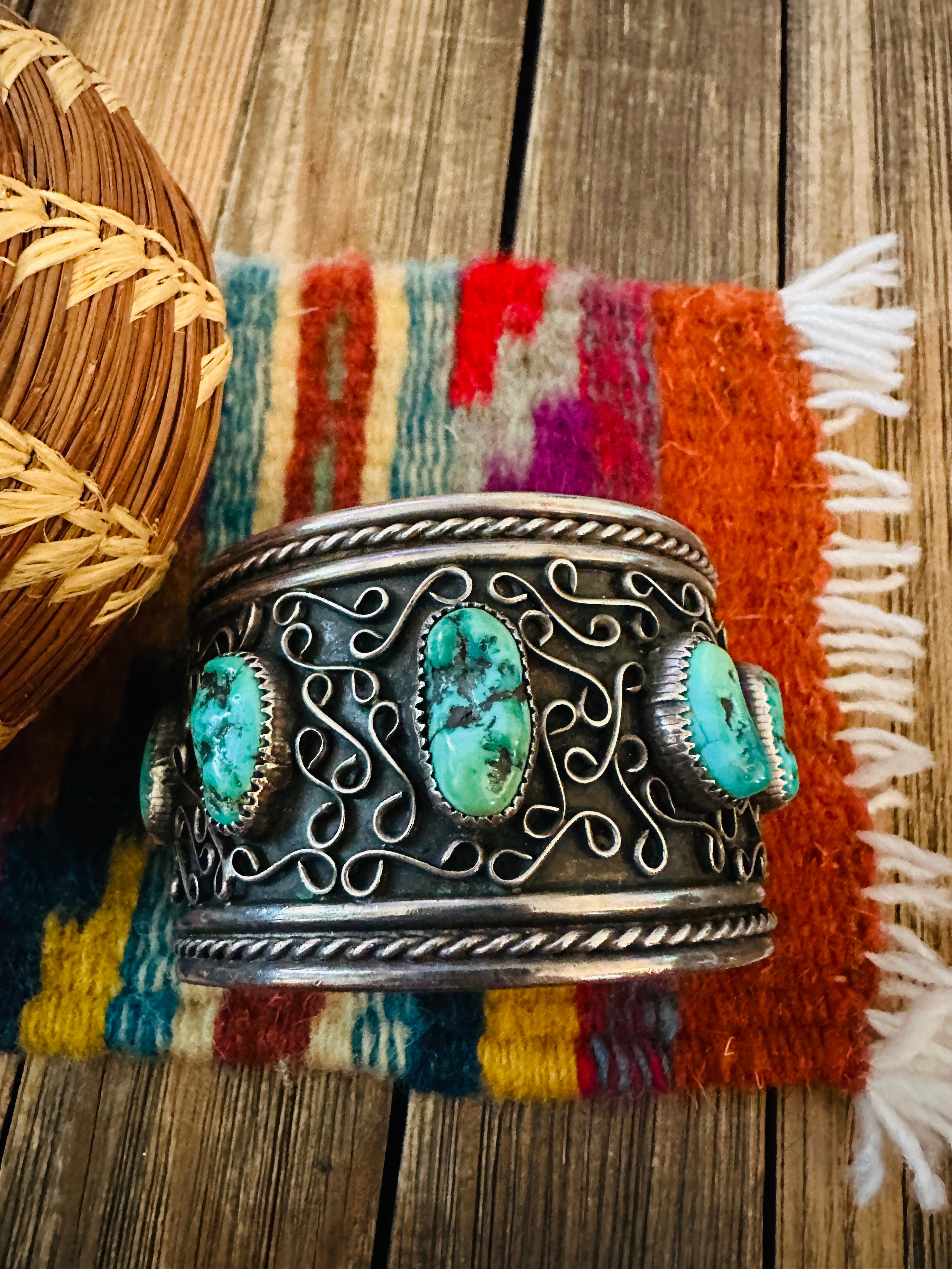 Handcrafted Old Pawn Sterling Silver & Kingman Turquoise Cuff Bracelet