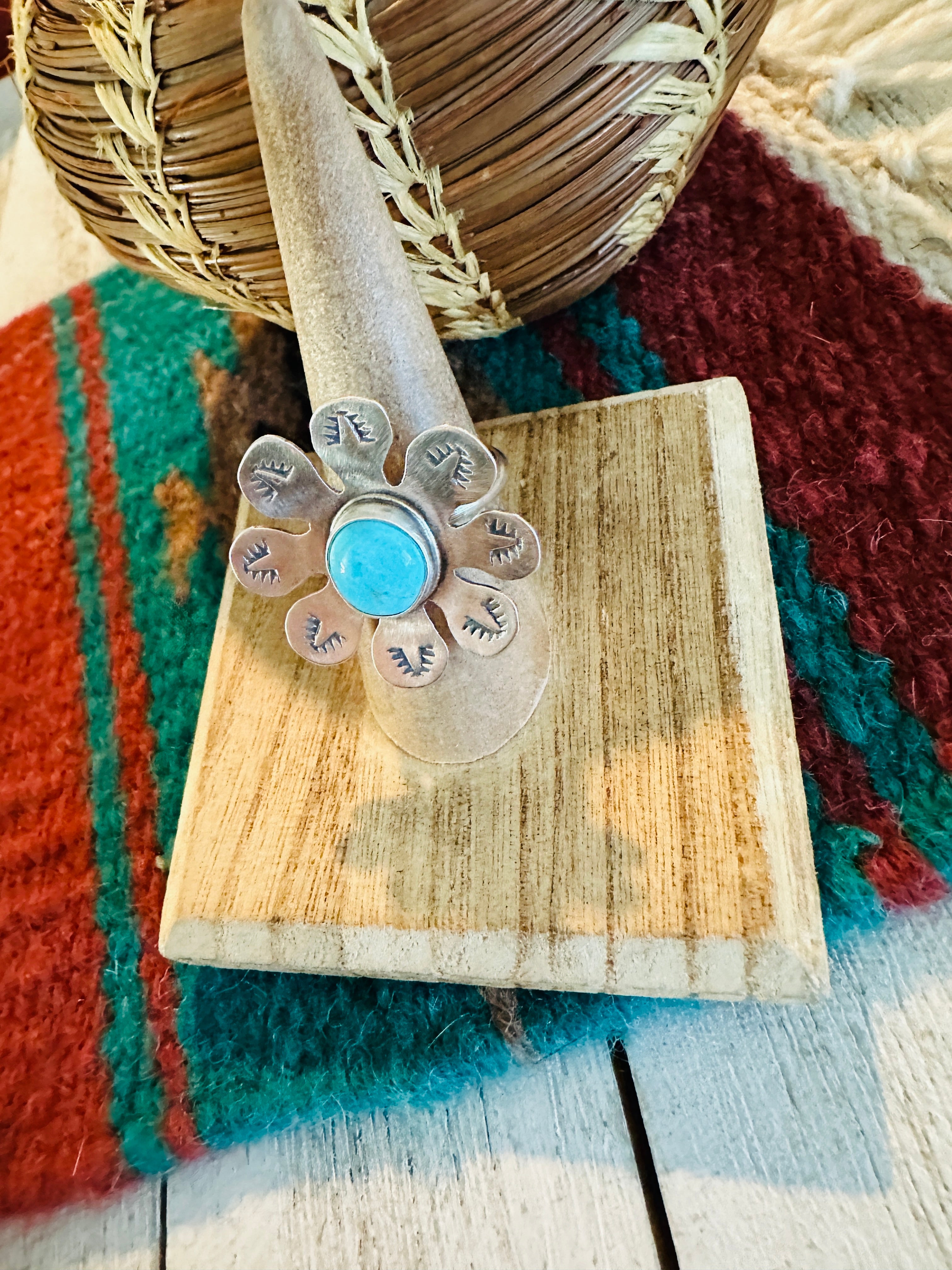 Navajo Sterling Silver & Turquoise Adjustable Flower Ring