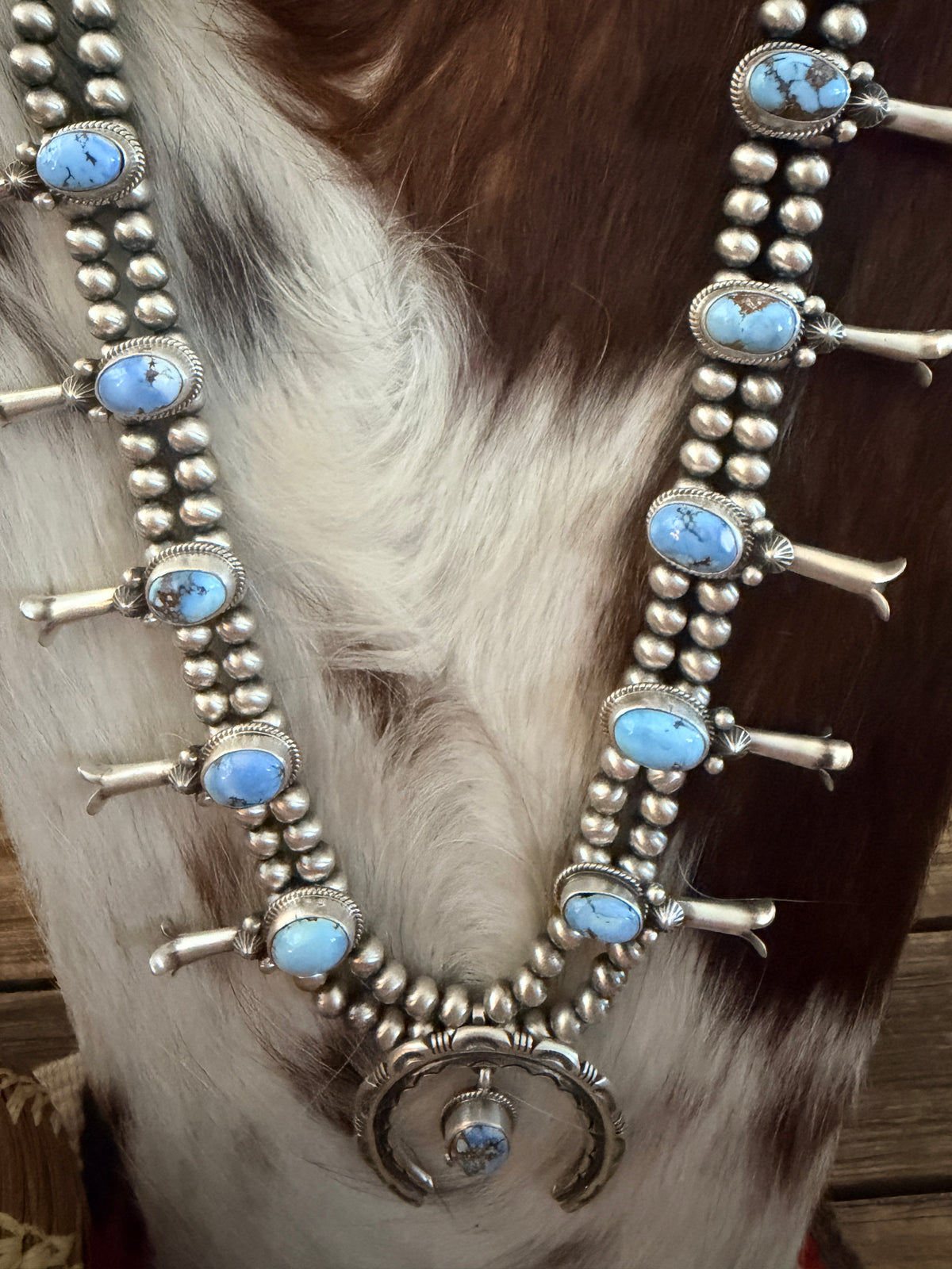 Handcrafted Golden Hills Turquoise & Sterling Silver Beaded Squash Blossom Necklace Set by Melvin Francis