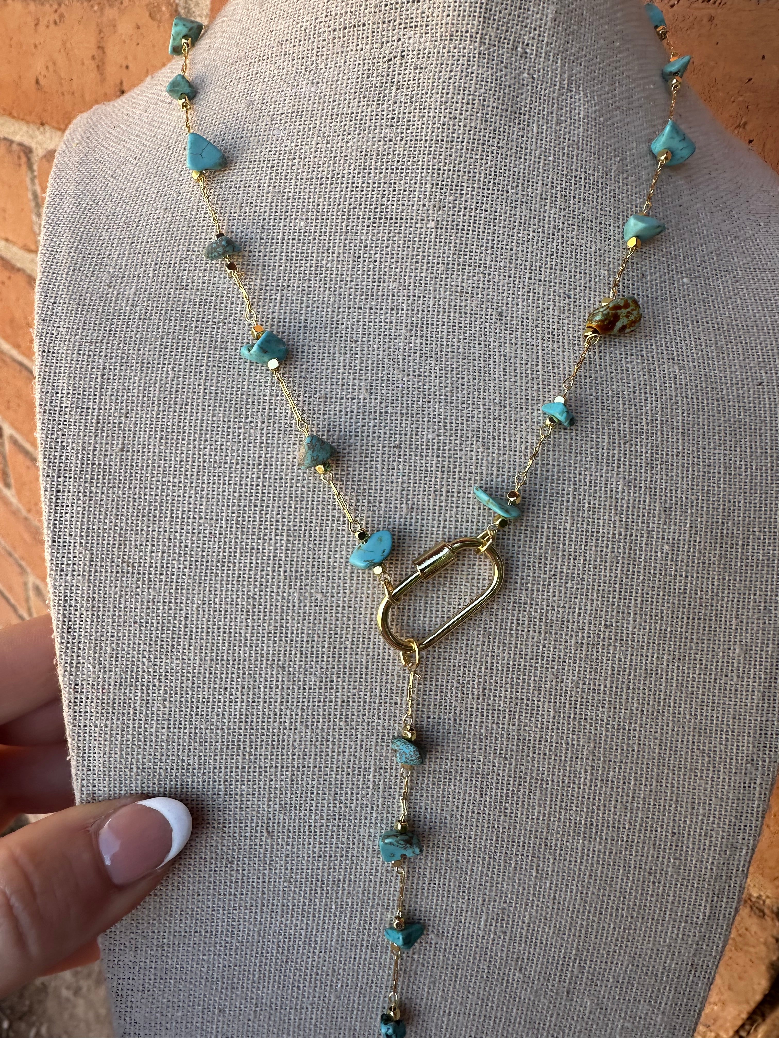 “The Golden Collection” Turquoise Beaded Gravel Lariat Handmade 14k Gold Plated Necklace