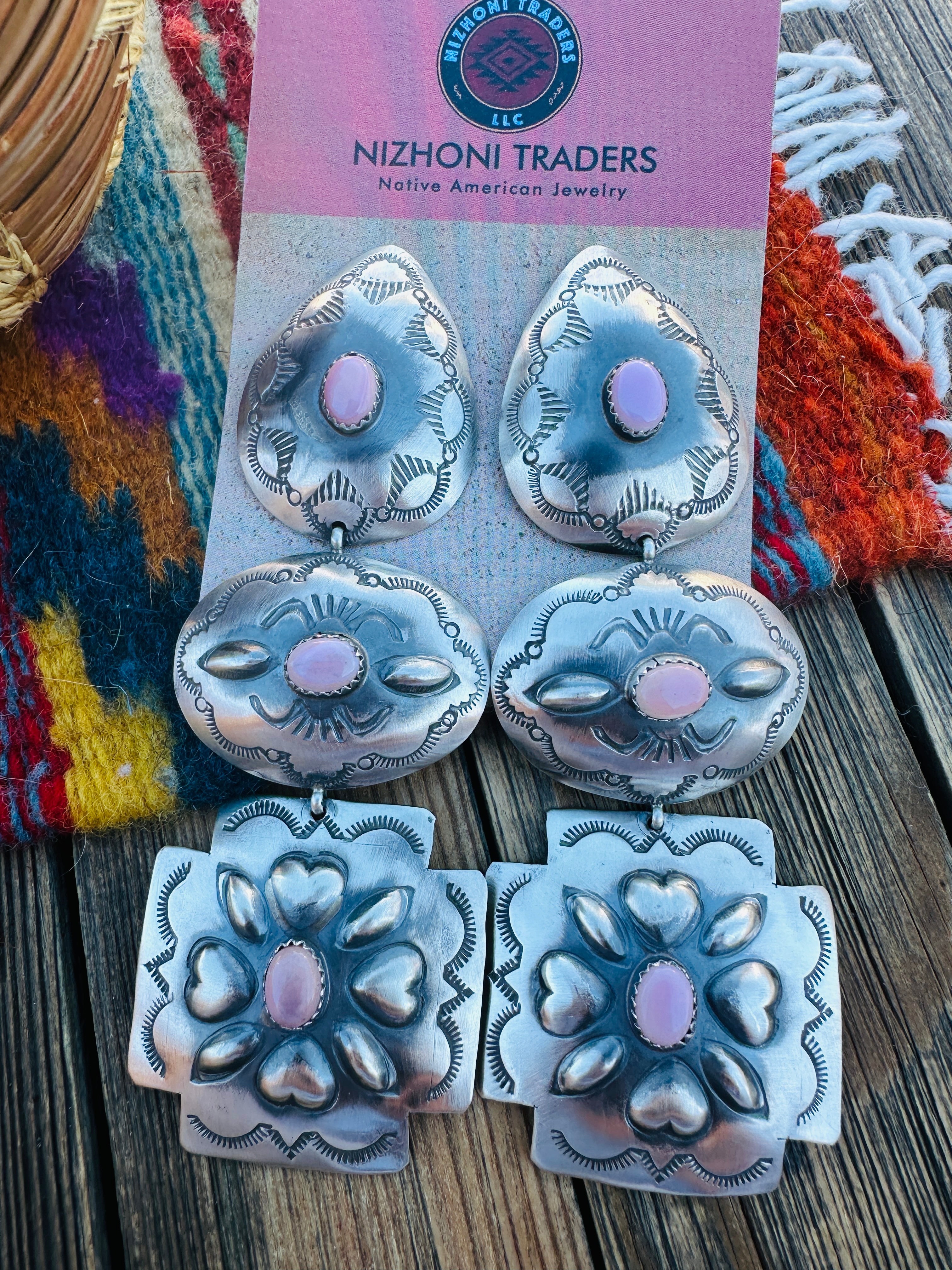 Handcrafted Queen Pink Conch & Sterling Silver Concho Dangle Earrings