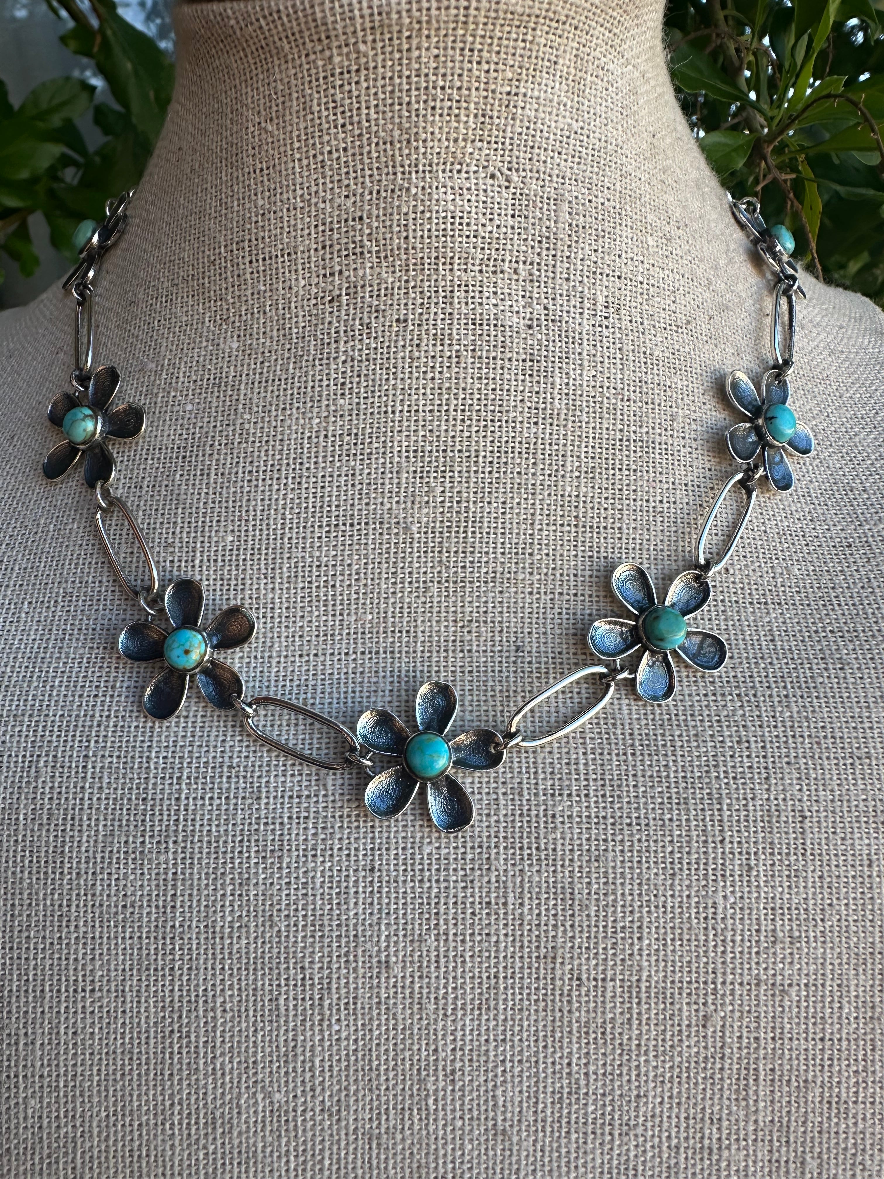 Nizhoni Handmade Sterling Silver & Turquoise Daisy Link Choker 14-16”