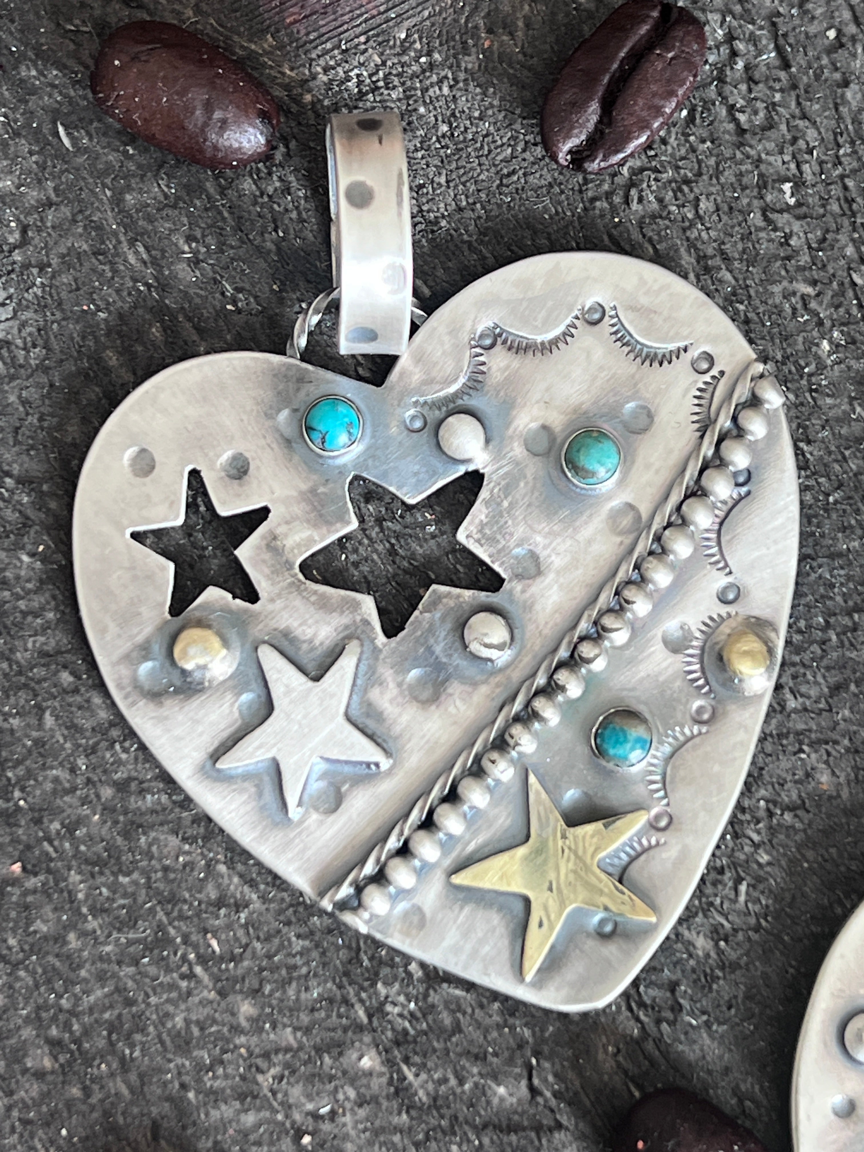 Hand Stamped Sterling Silver & Turquoise Heart Pendants w/ Brass Accents by Kimari Somers