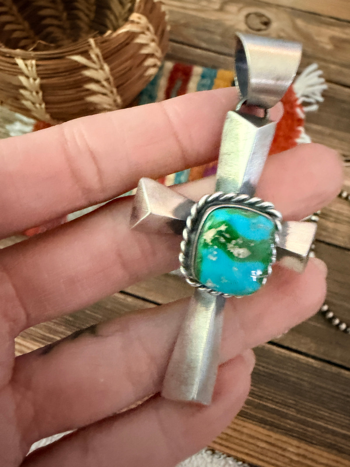 Handcrafted Turquoise & Sterling Silver Cross Pendant by Chimney Butte