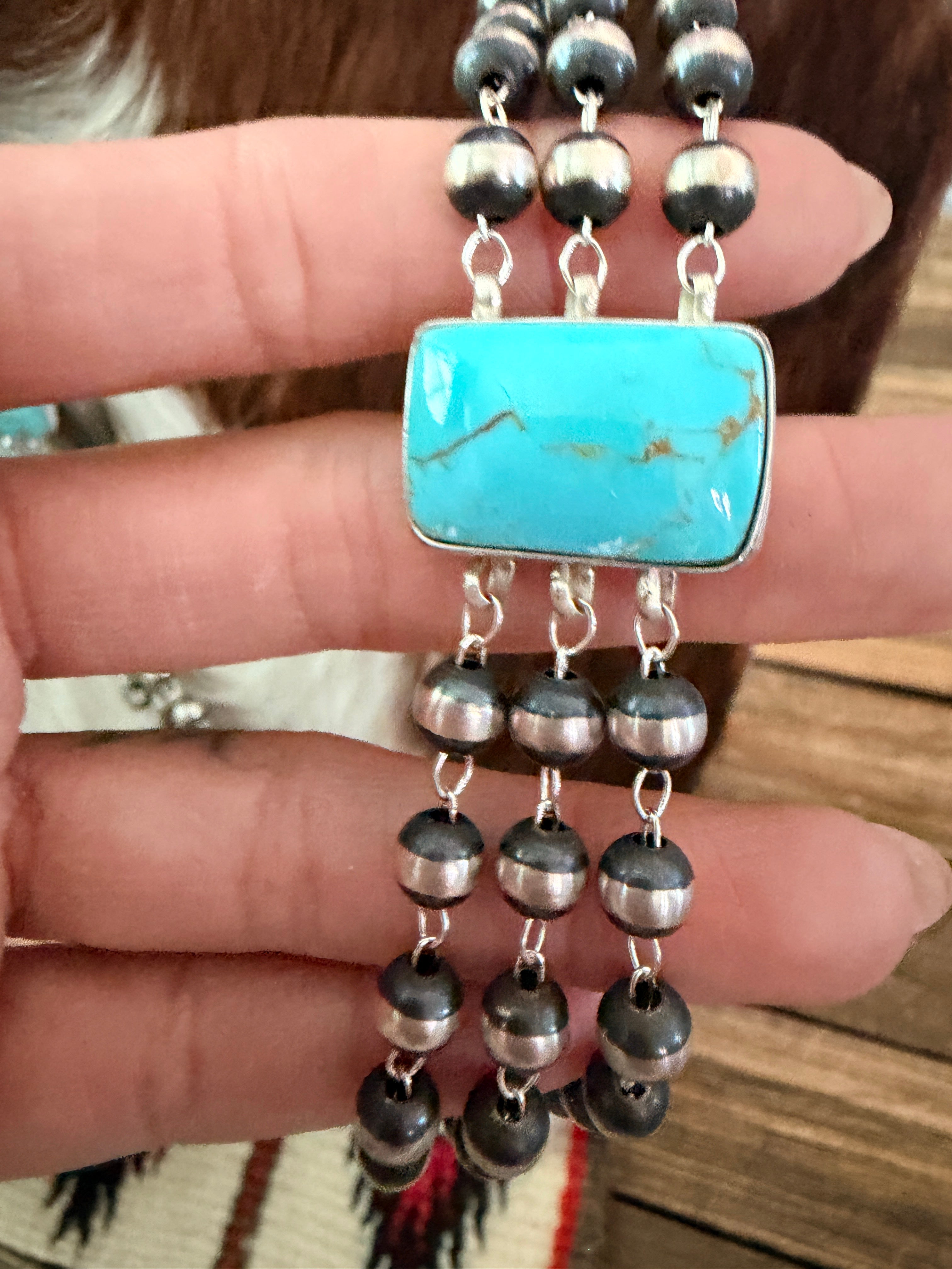 Handcrafted Turquoise & Sterling Silver Pearl Triple-Strand Beaded Necklace