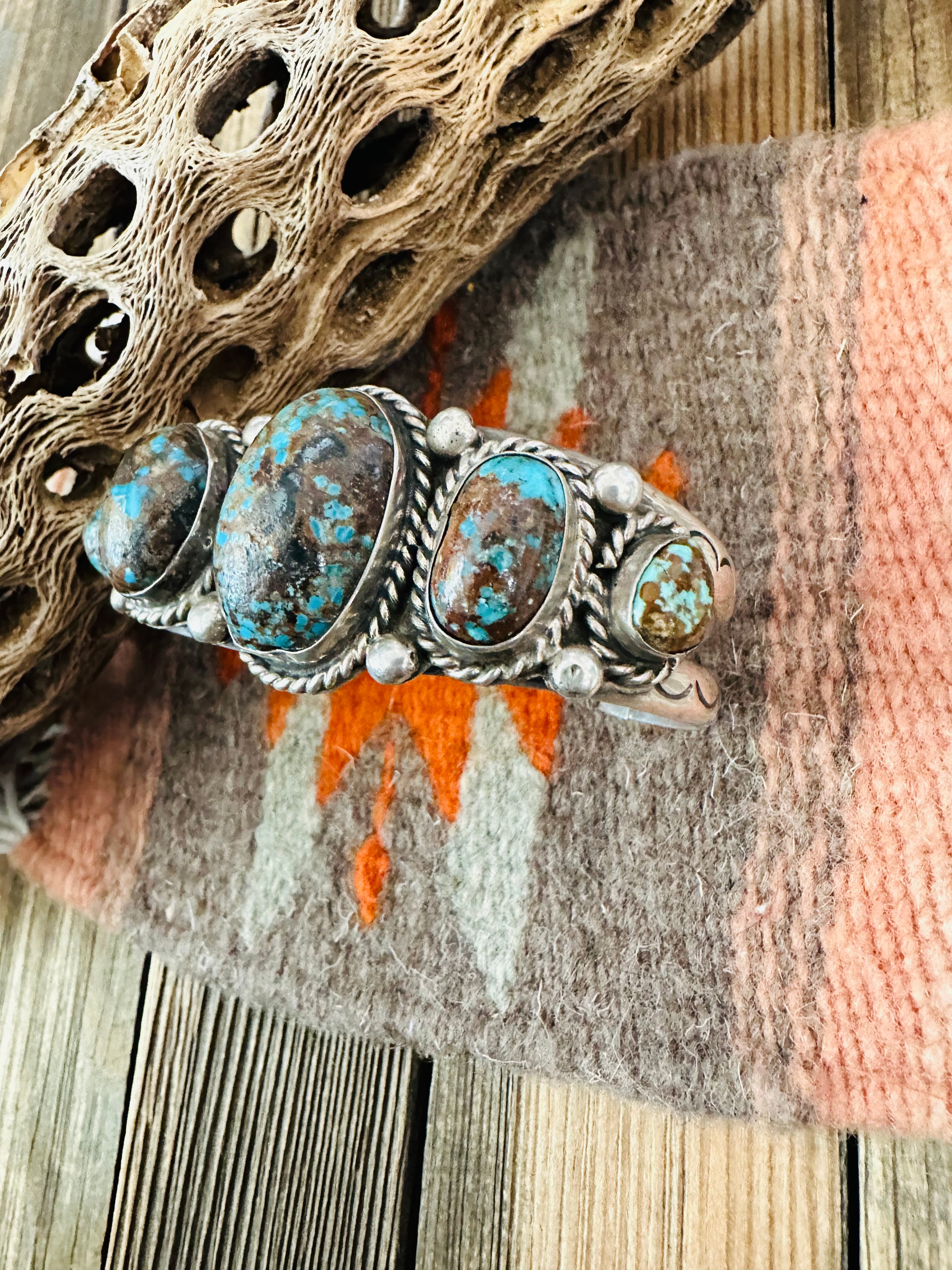 Vintage Native American Style Sterling Silver and Turquoise 7 Inch Open Cuff Bracelet. Marked offers Sterling.