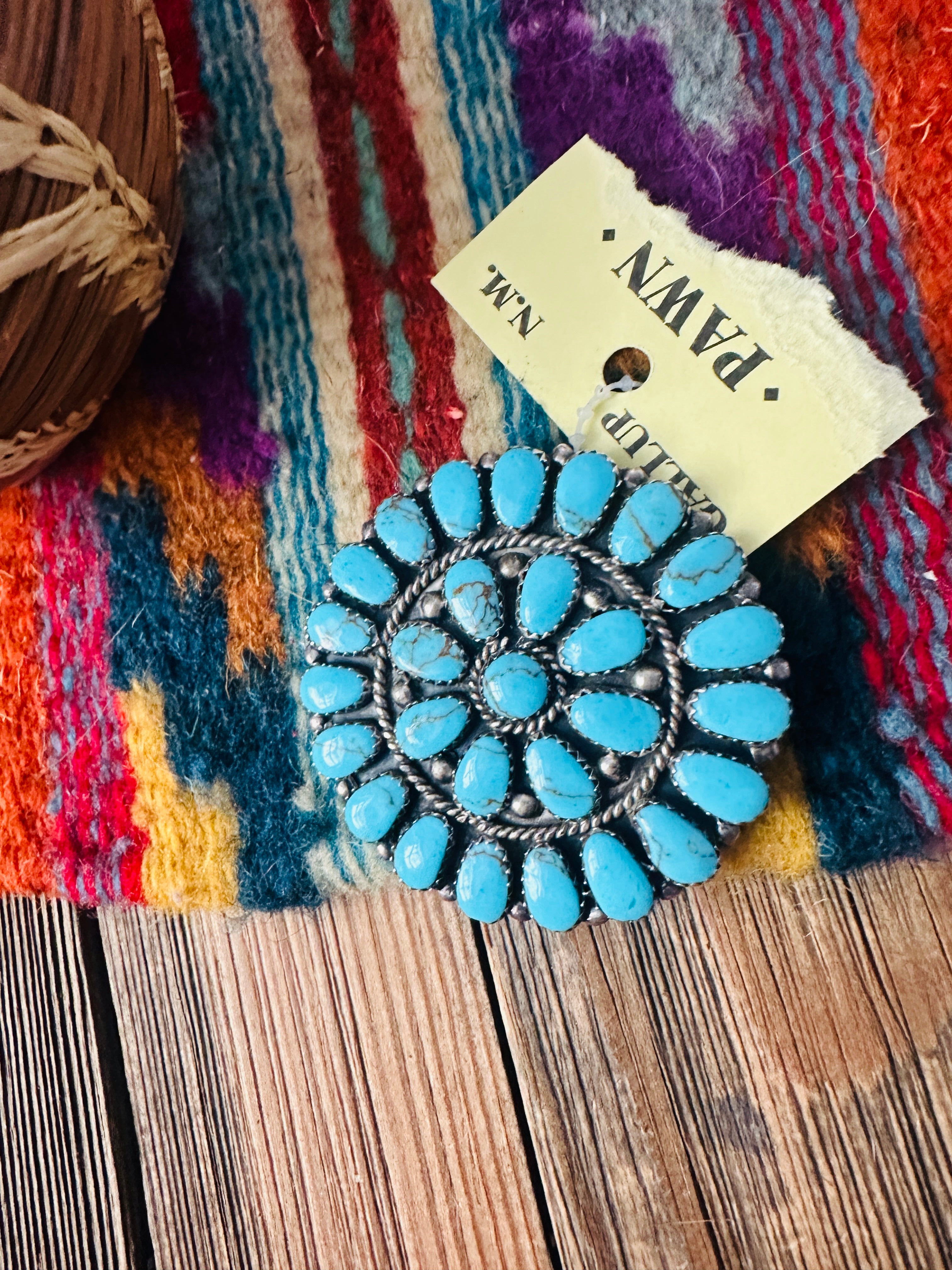 Old Pawn Handcrafted Turquoise and Sterling Silver Cluster Brooch/ Pendant