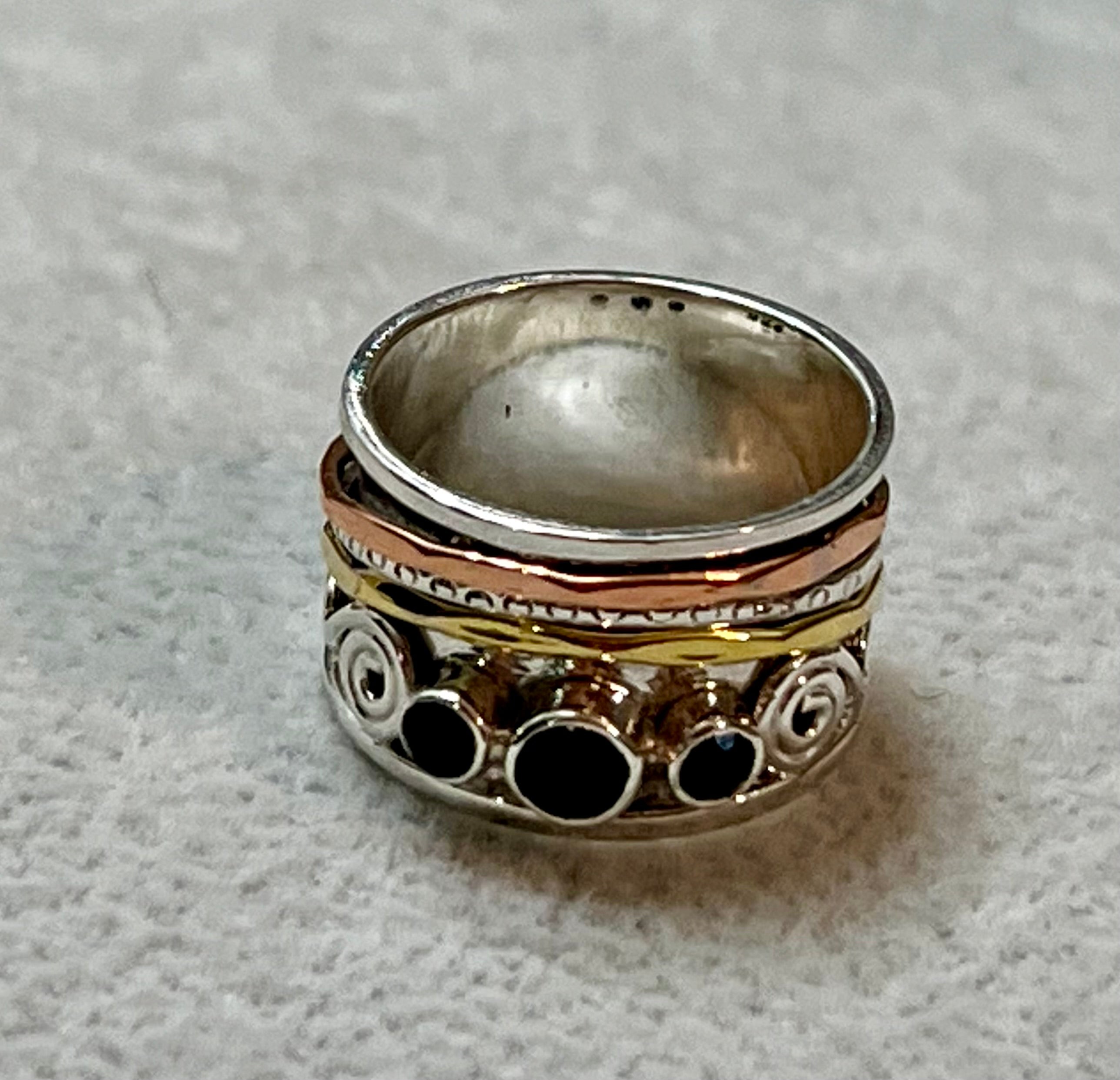 Three Stone Black Onyx Copper Copper, Sterling Silver, Gold, Spinner Ring Size 8
