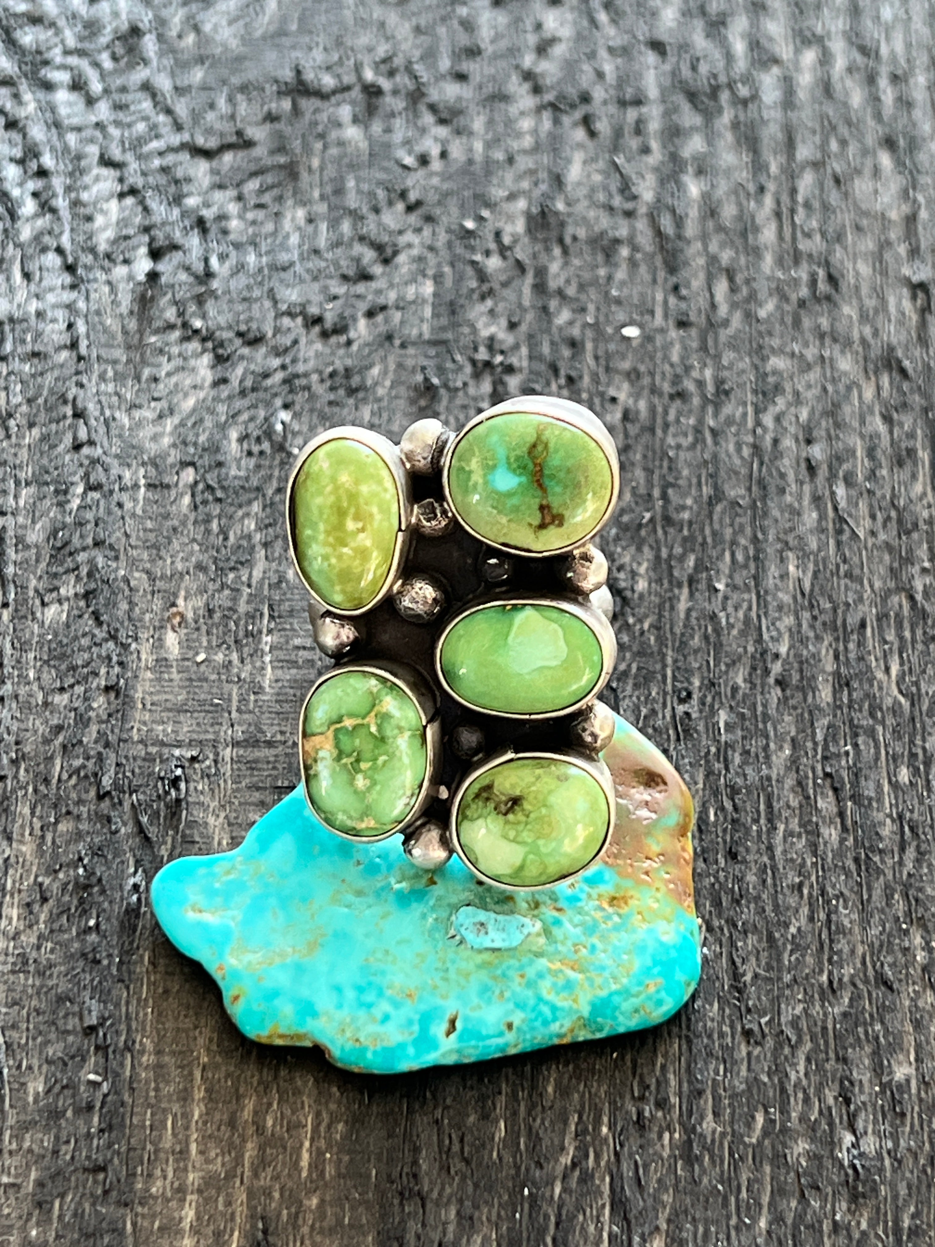 Handcrafted Sterling Silver and Sonoran Gold Turquoise Cluster Rings by Travis Jim, Size 8