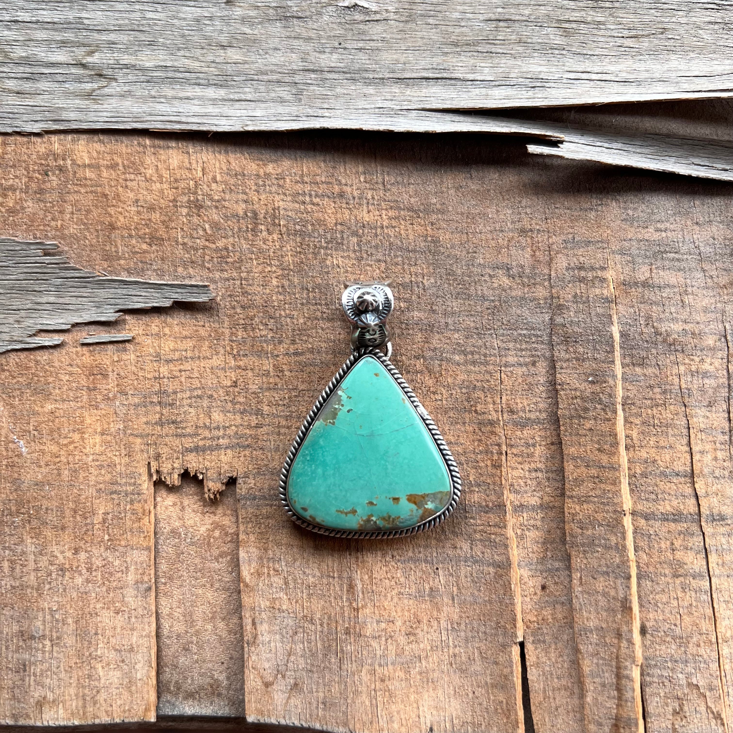 Handmade Green Turquoise Triangle Shaped Sterling Silver Pendant