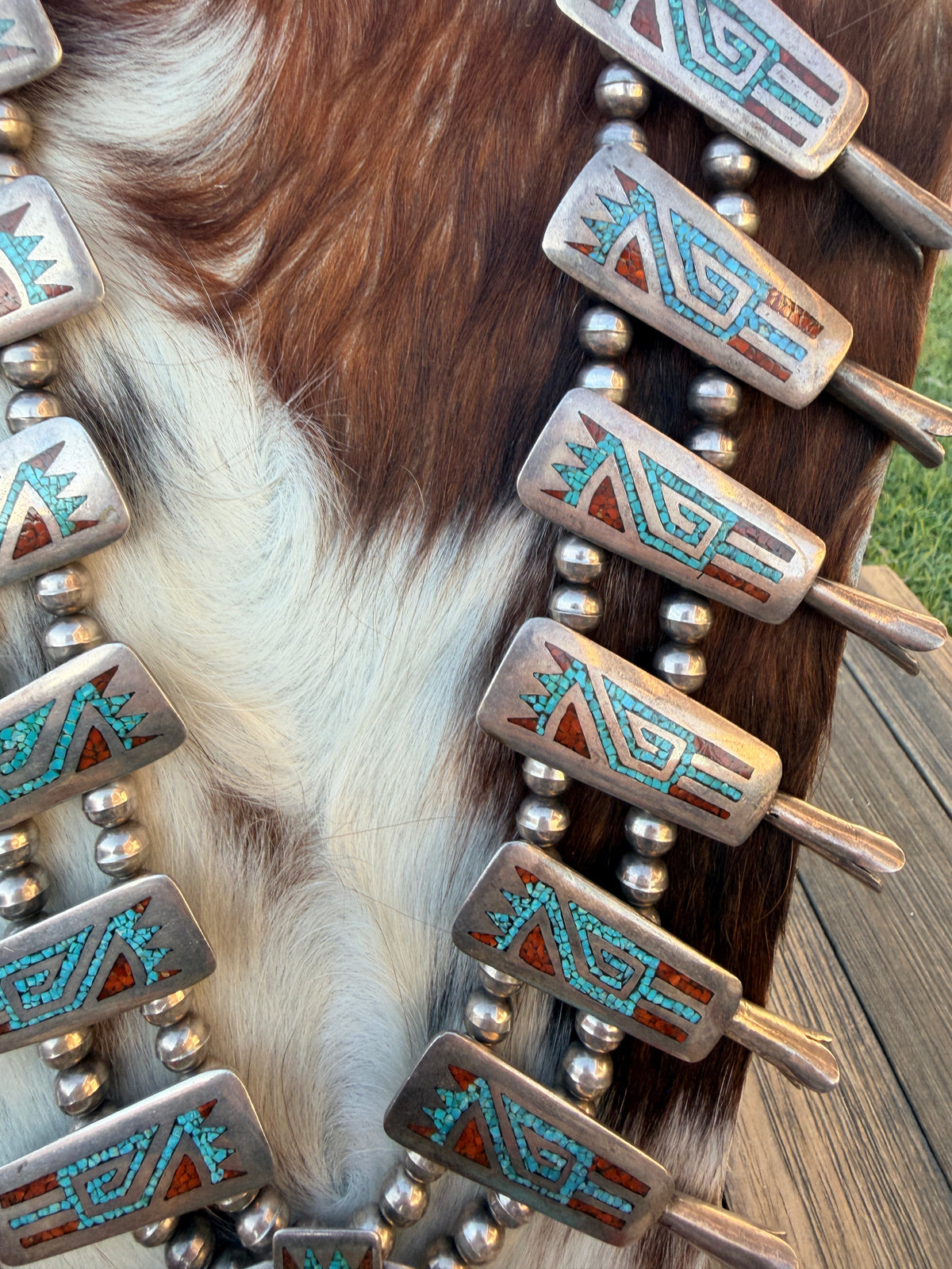 Old Pawn Handcrafted Turquoise, Coral & Sterling Silver Beaded Squash Blossom Necklace by Juan T. Singer