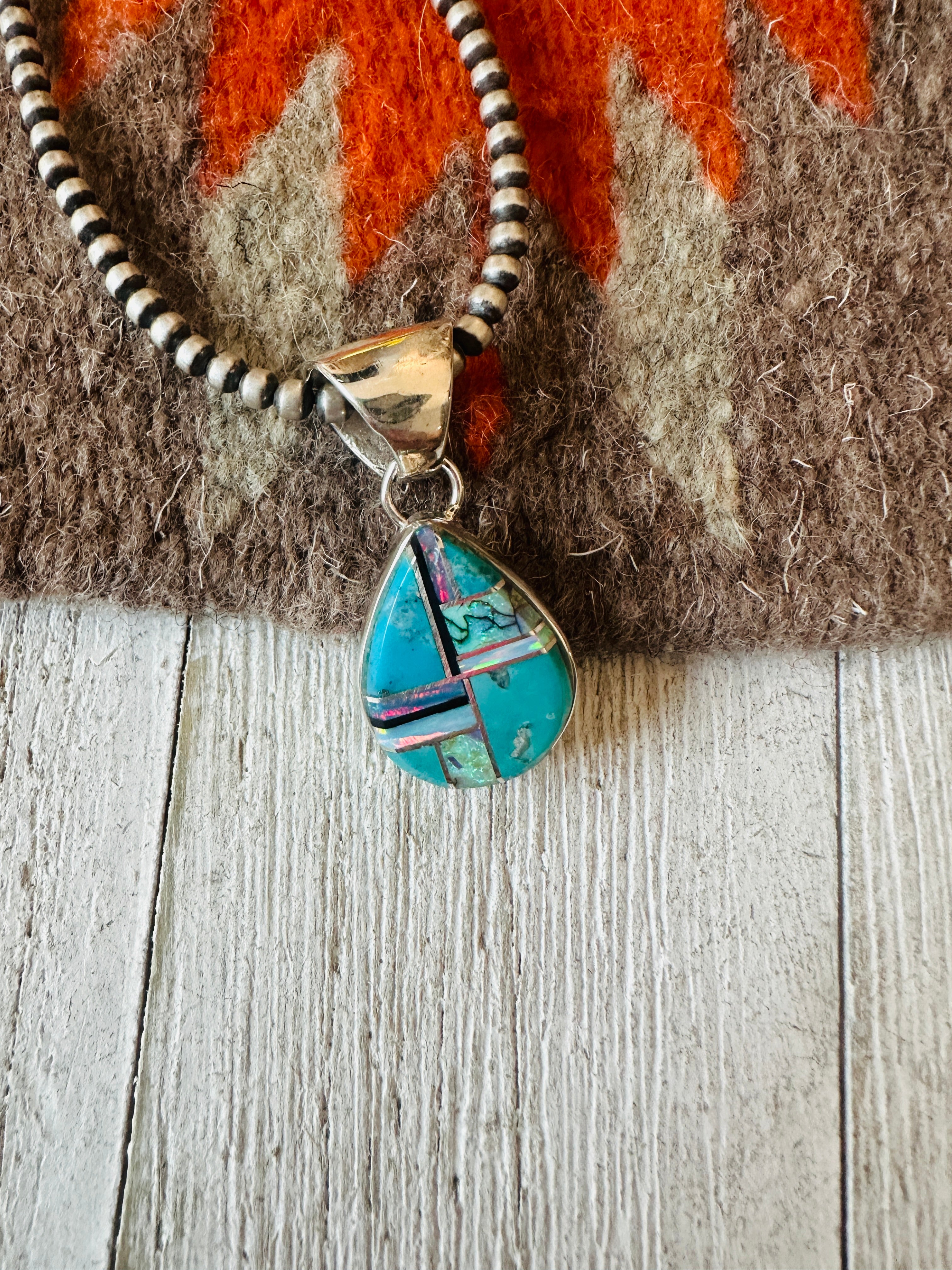 Navajo Multi Stone & Sterling Silver Inlay Teardrop Pendant