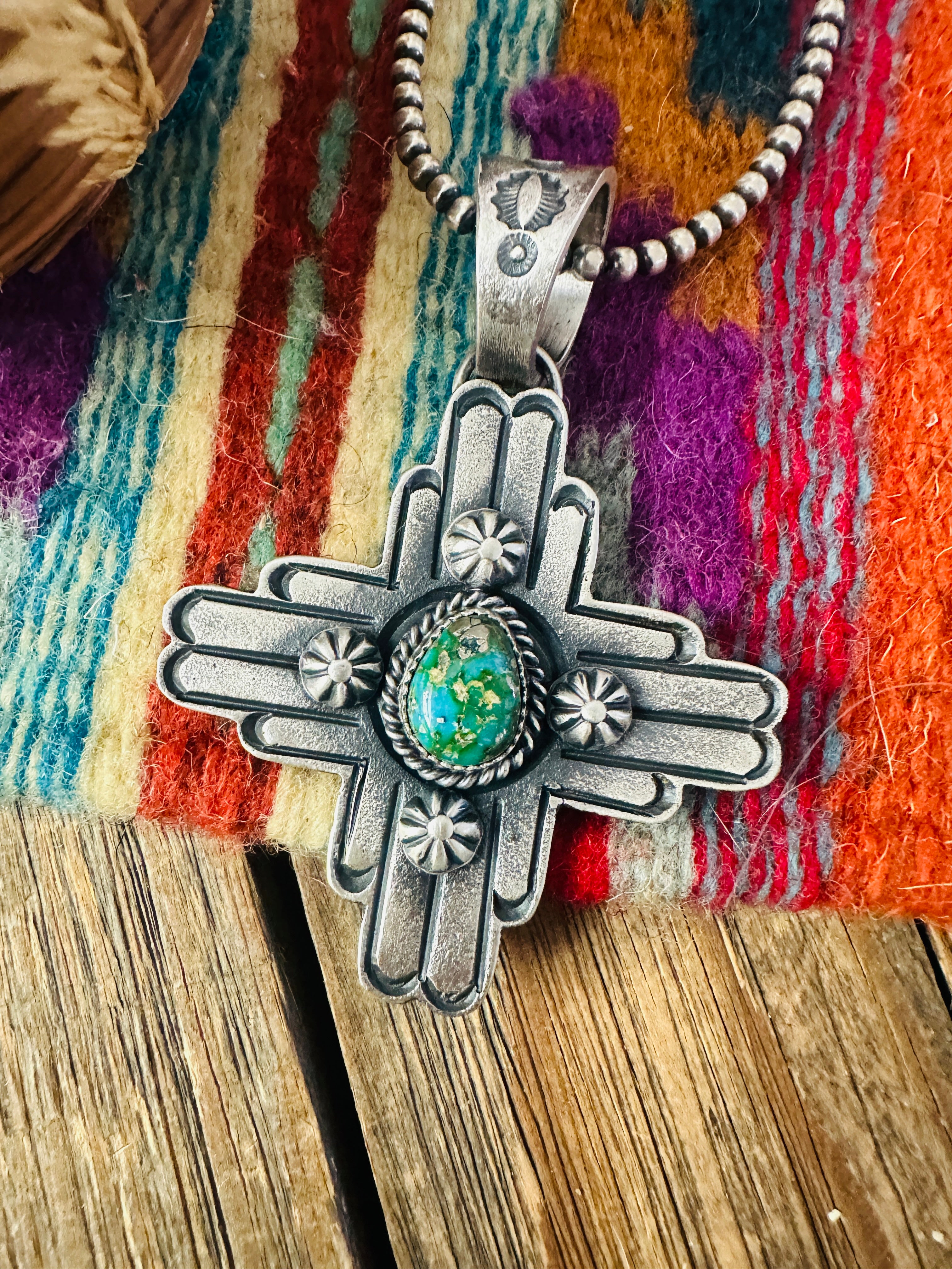 Handcrafted Sterling Silver & Sonoran Gold Turquoise Zia Cross Pendant by Kevin Billah