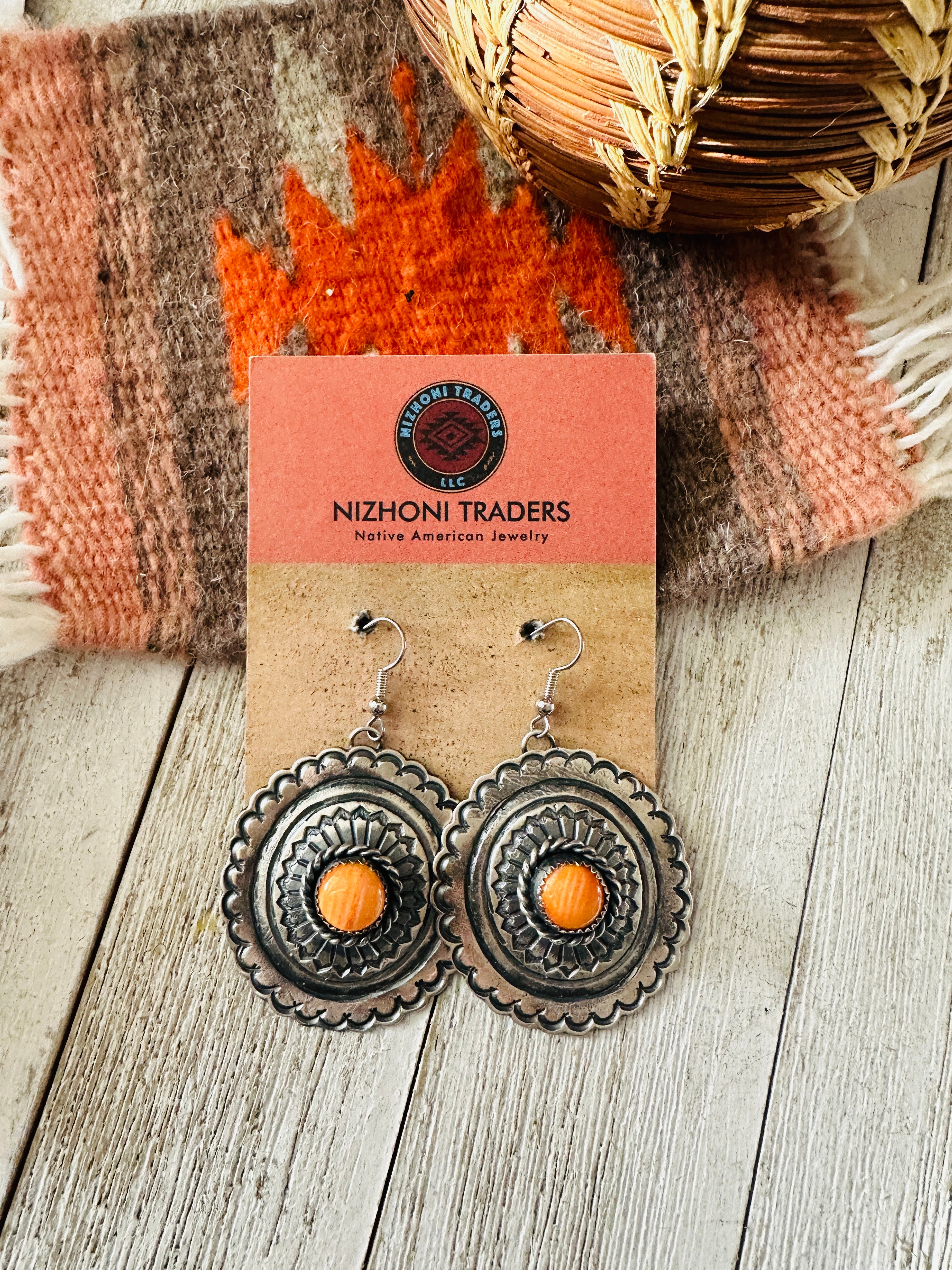 Navajo Orange Spiny and Sterling Silver Concho Dangle Earrings