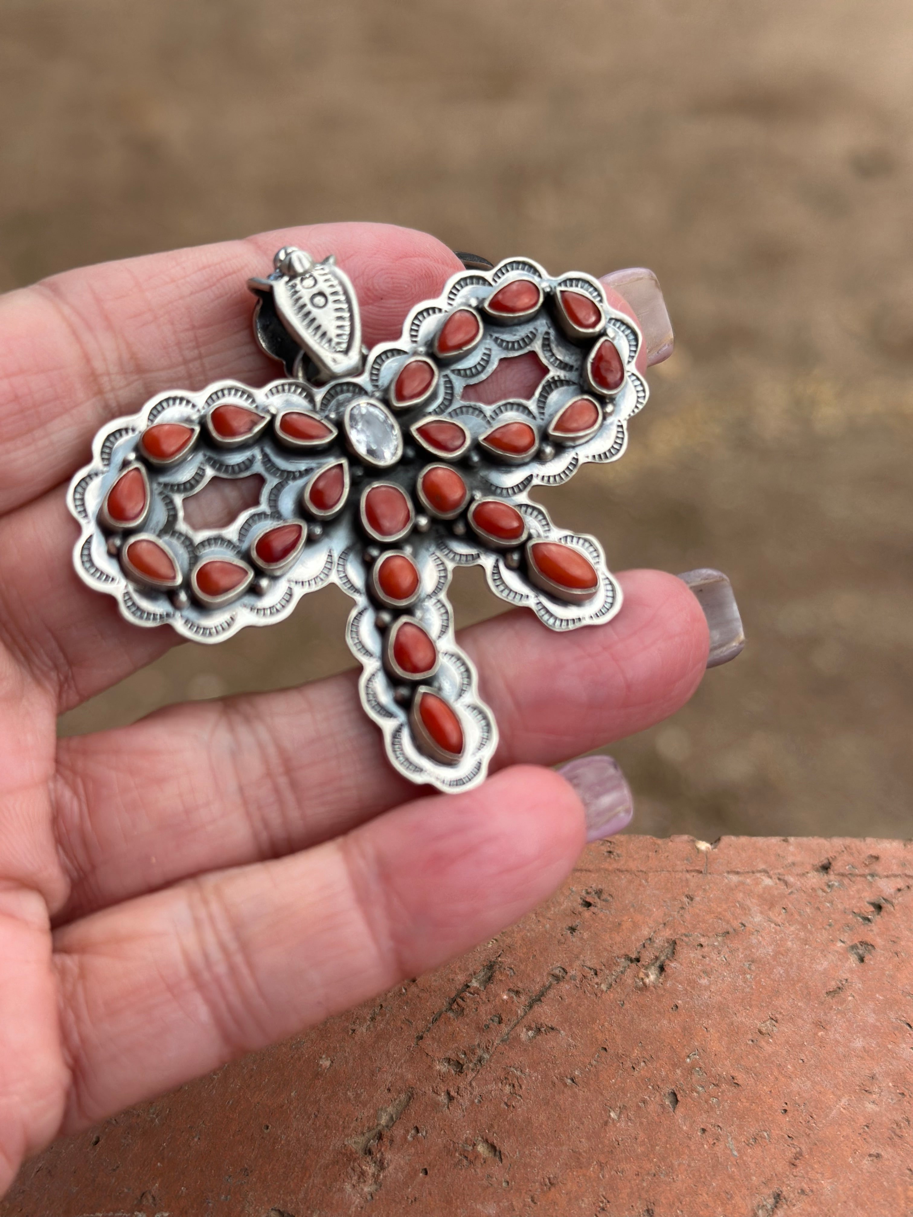 Handmade Sterling Silver and Coral Christmas Bow Pendant