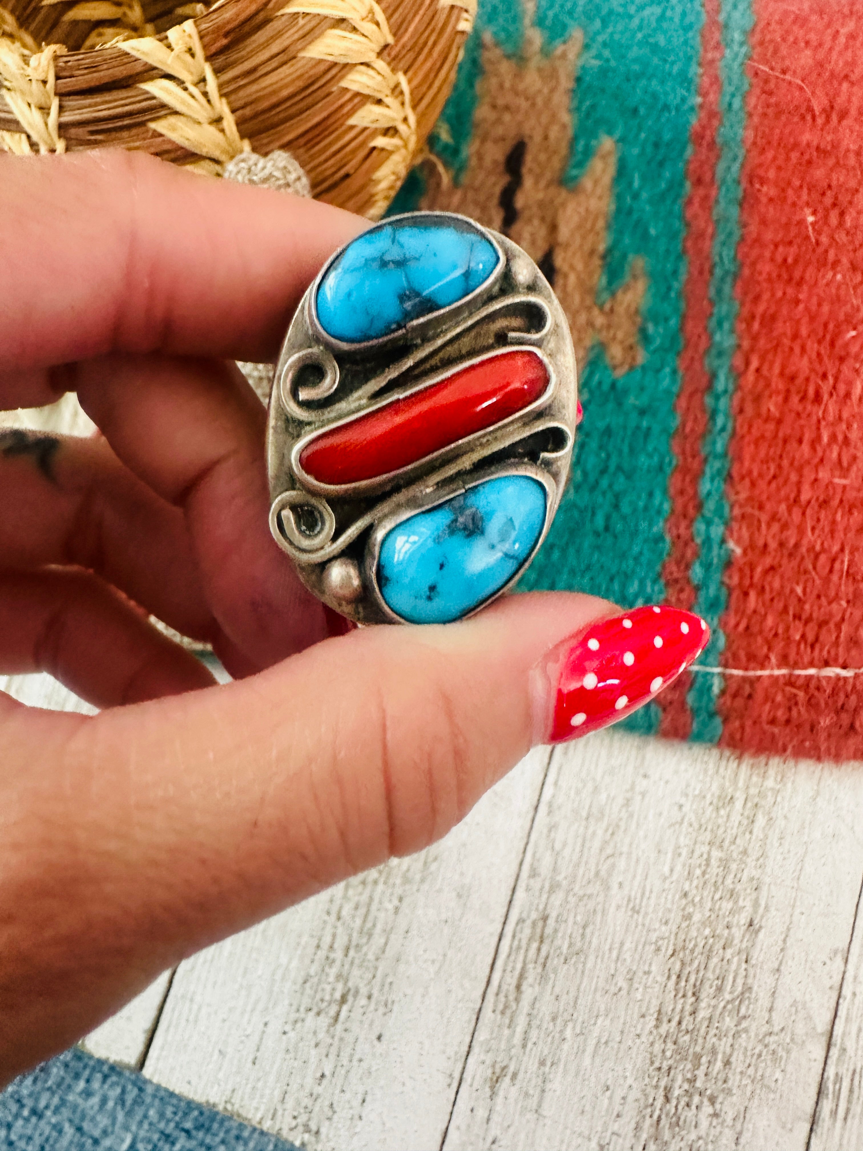 Handcrafted Old Pawn Sterling Silver, Turquoise & Coral Ring Size 11