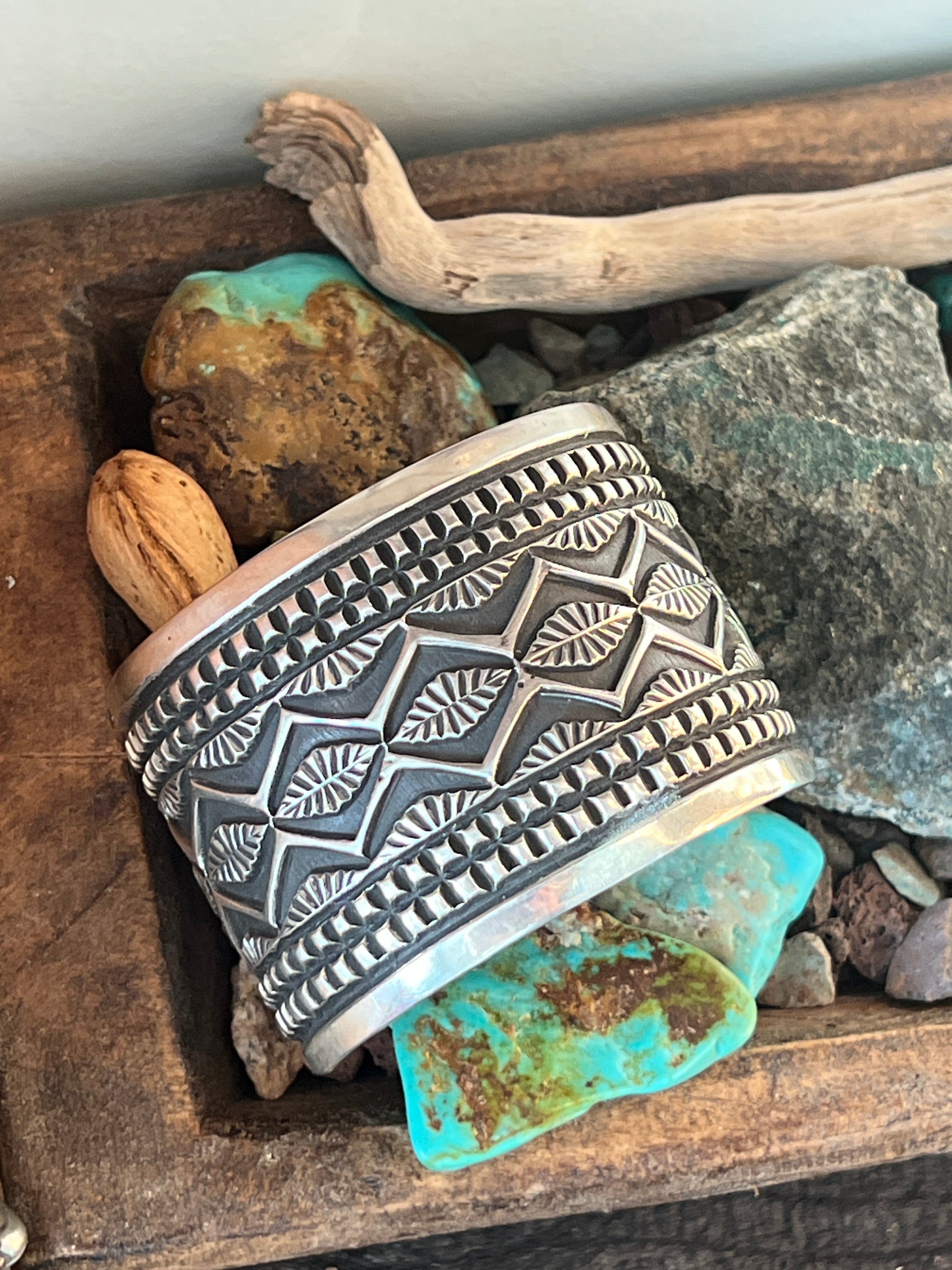 Handcrafted Old Pawn Sterling Silver Deep Stamped Cuff Bracelet by Elvira Bill