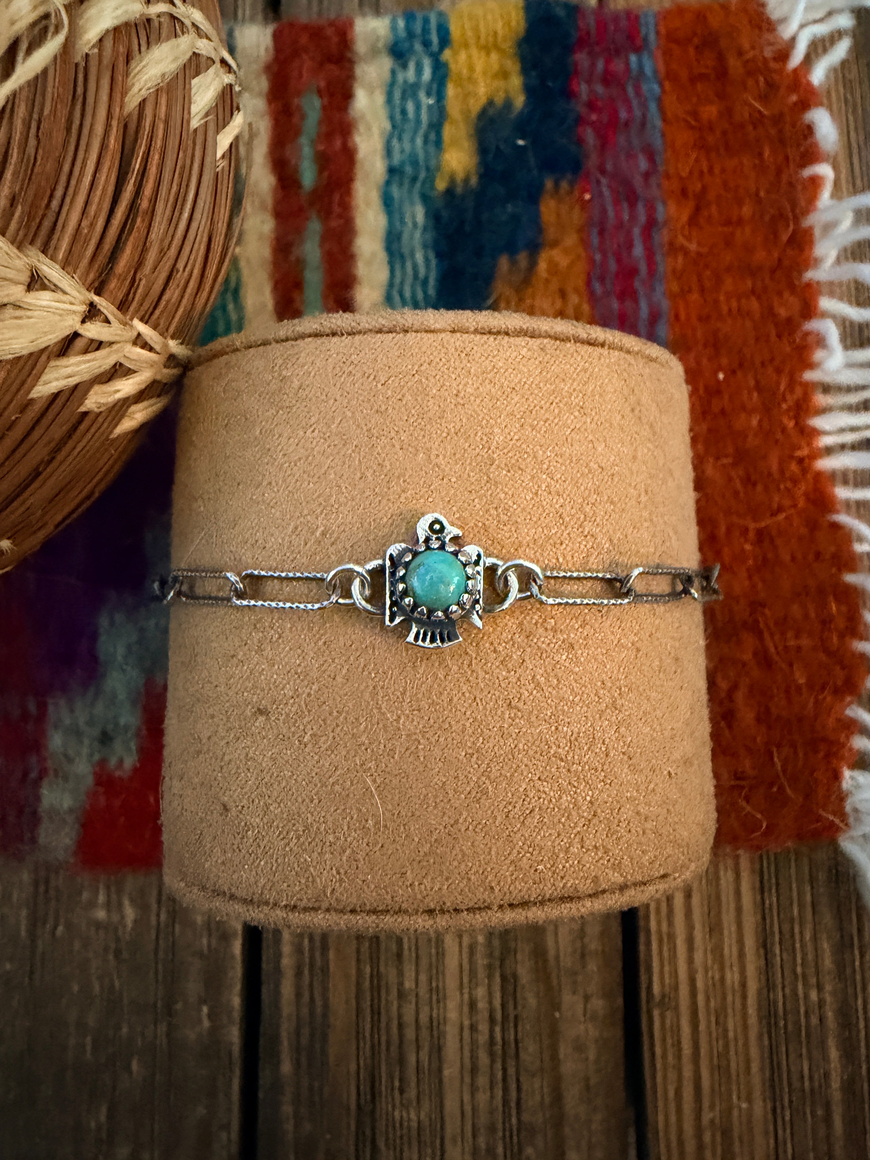 Handmade Kingman Turquoise & Sterling Silver Thunderbird Anklet
