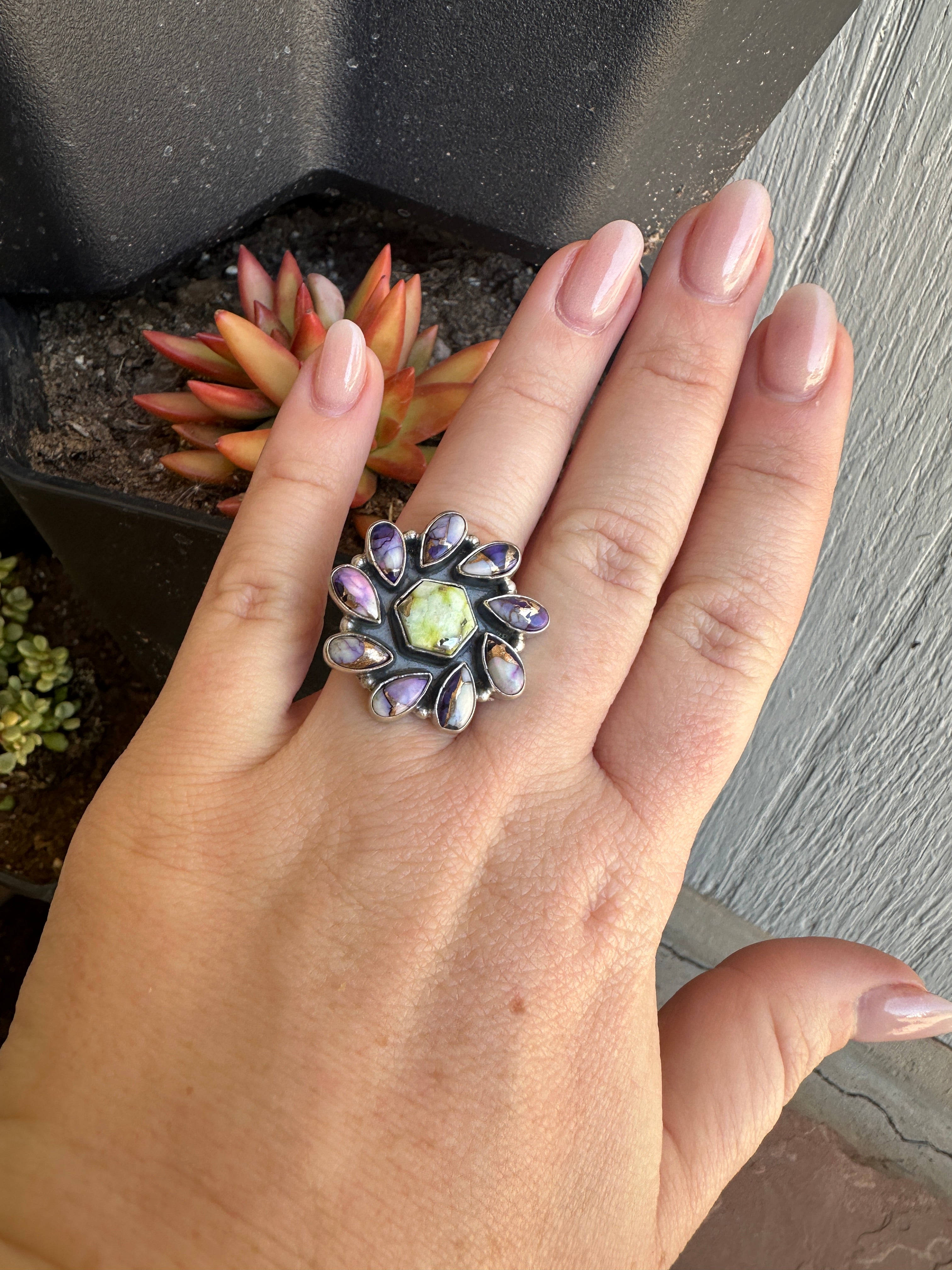 Beautiful Handmade Violet Frost, Palomino Turquoise And Sterling Silver Adjustable Ring