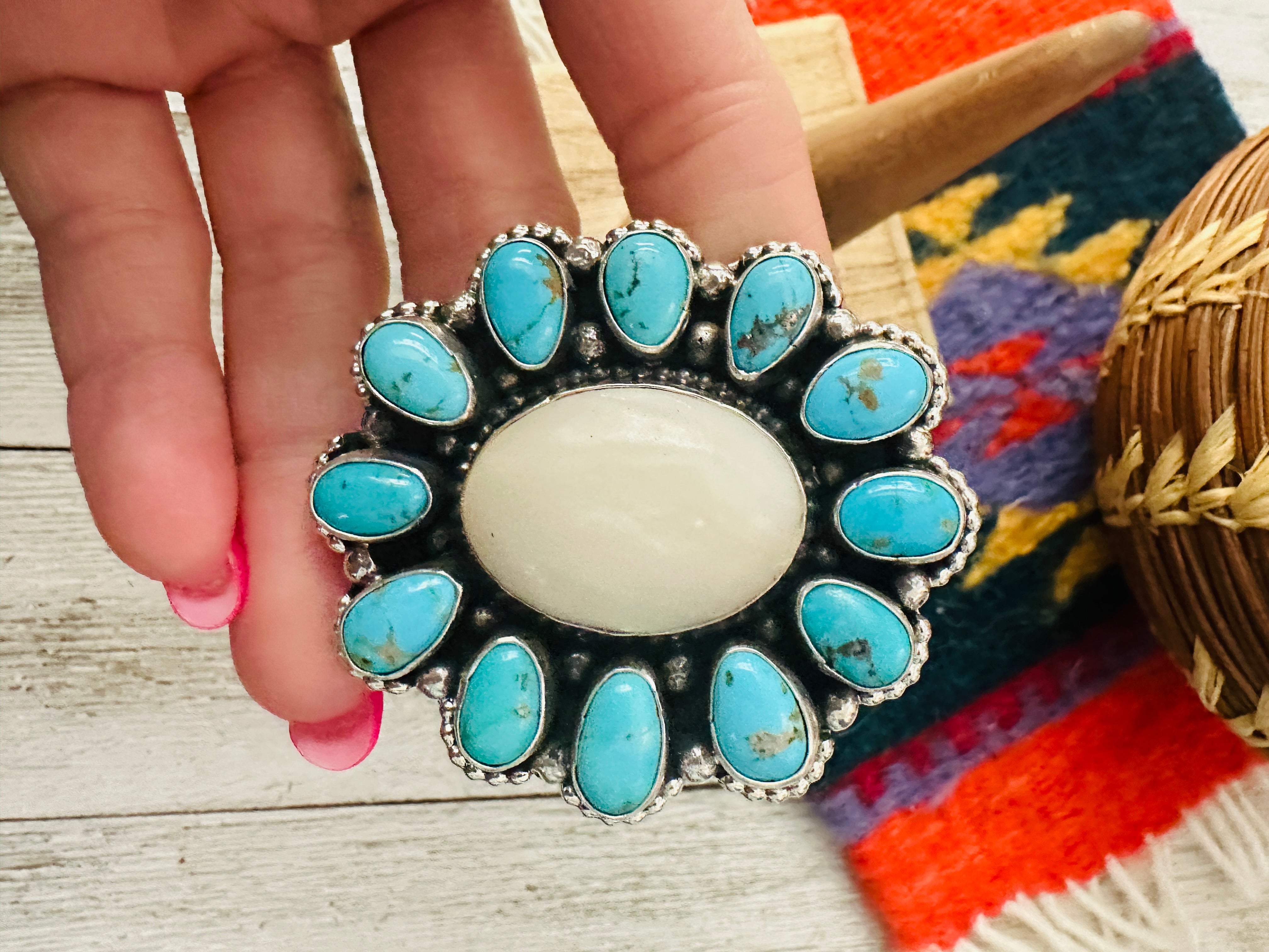 Navajo Sterling Silver, Turquoise & Mother of Pearl Cluster Adjustable Ring