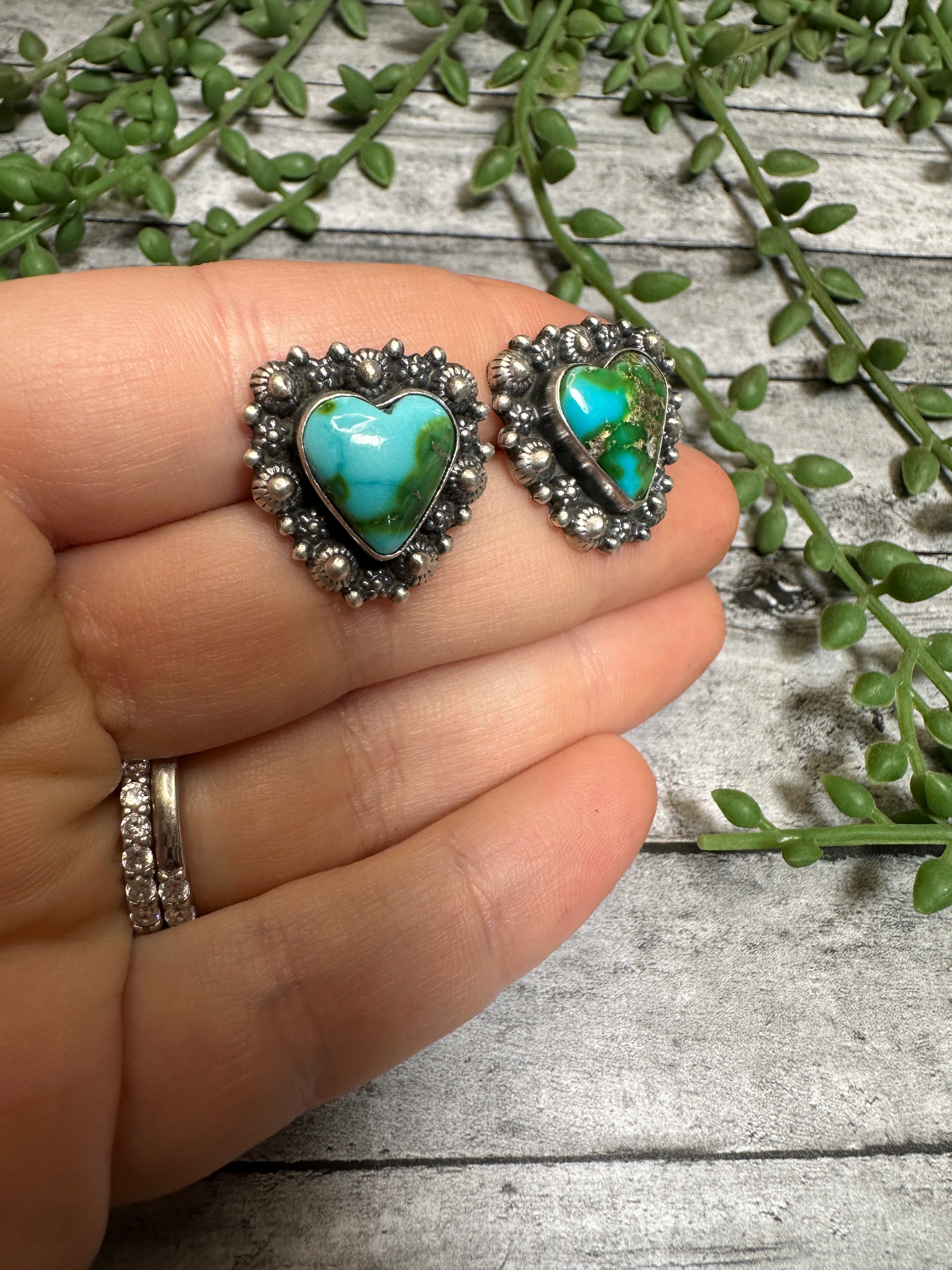 Handmade Sonoran Mountain Turquoise and Sterling Silver Post Heart Earrings BLUES