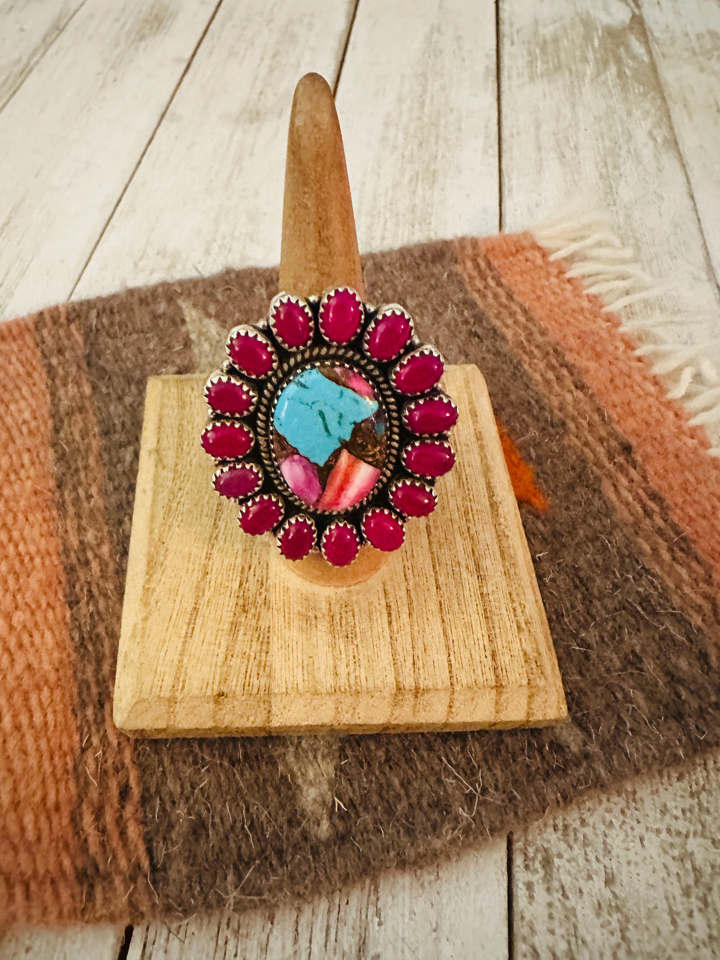 Handmade Sterling Silver, Pink Onyx & Pink Dream Cluster Adjustable Ring by Nizhoni