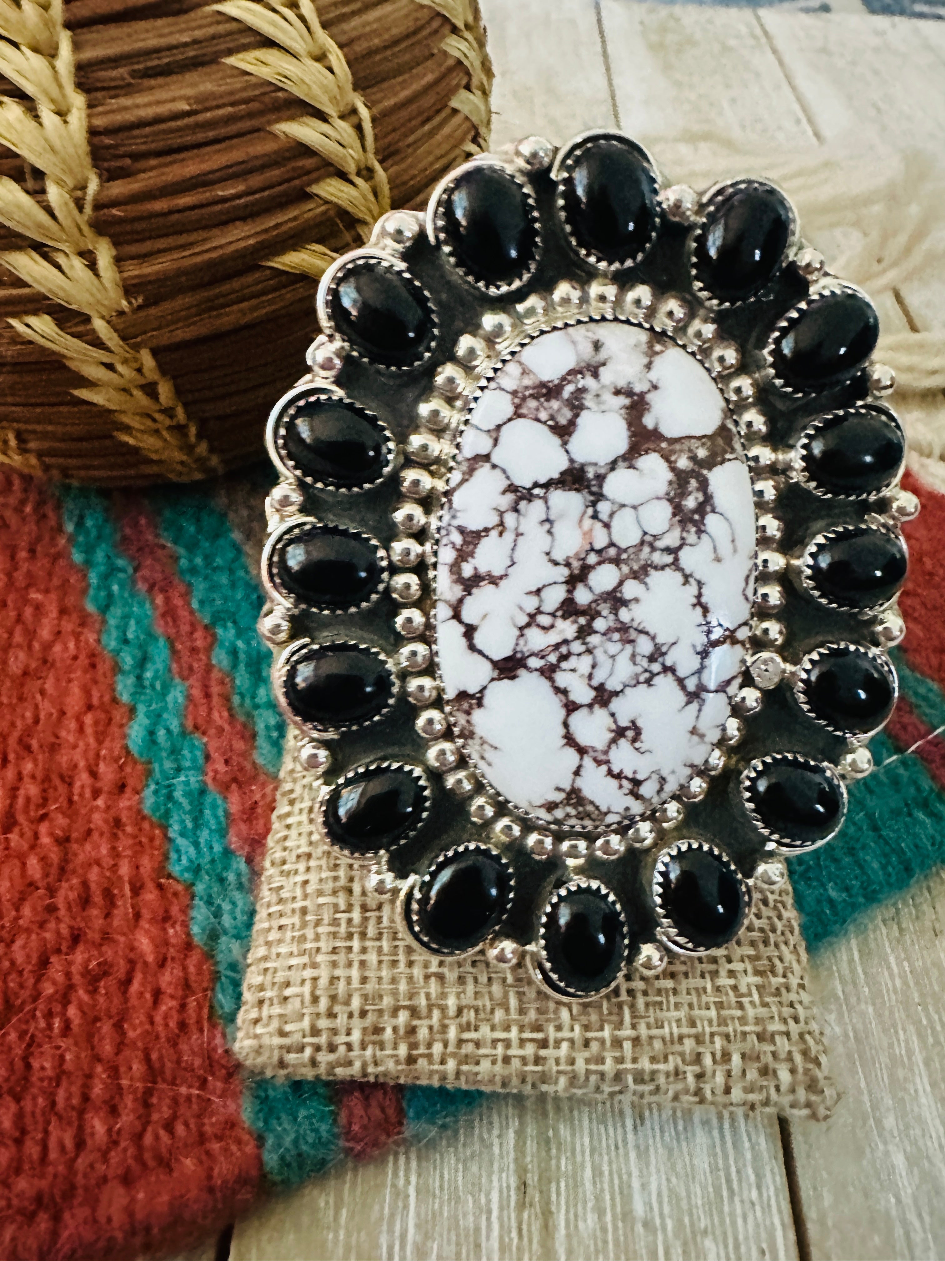 Handcrafted Black Onyx, Wild Horse & Sterling Silver Cluster Ring size 10.25