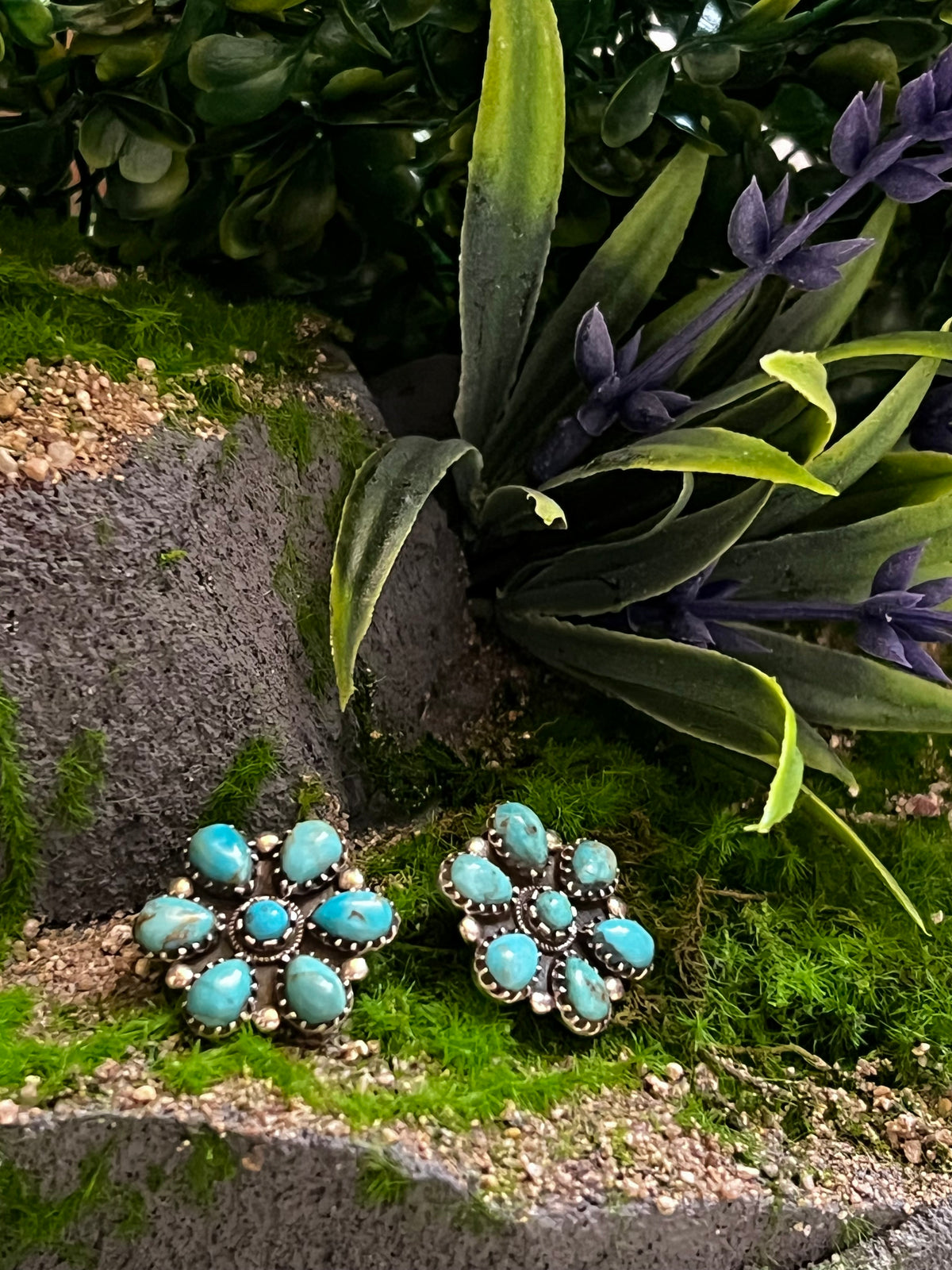 Handmade Turquoise Cluster Lariat Naja Sterling Silver Necklace & Turquoise Cluster Stud Earrings