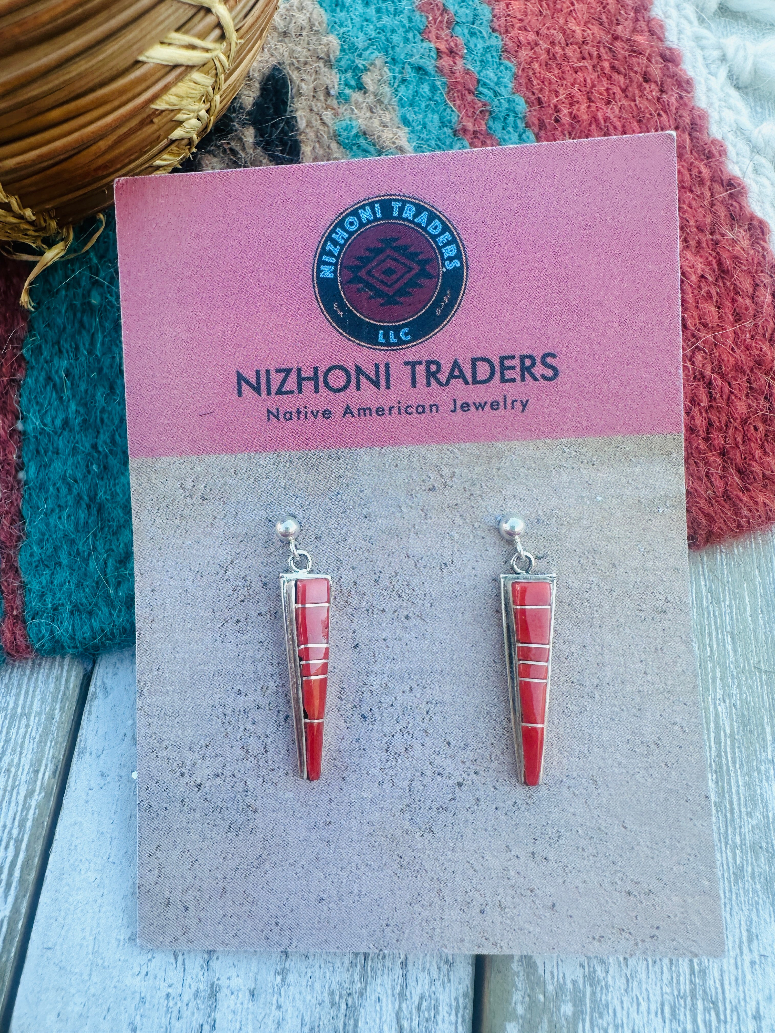 Handcrafted Coral & Sterling Silver Inlay Dangle Earrings