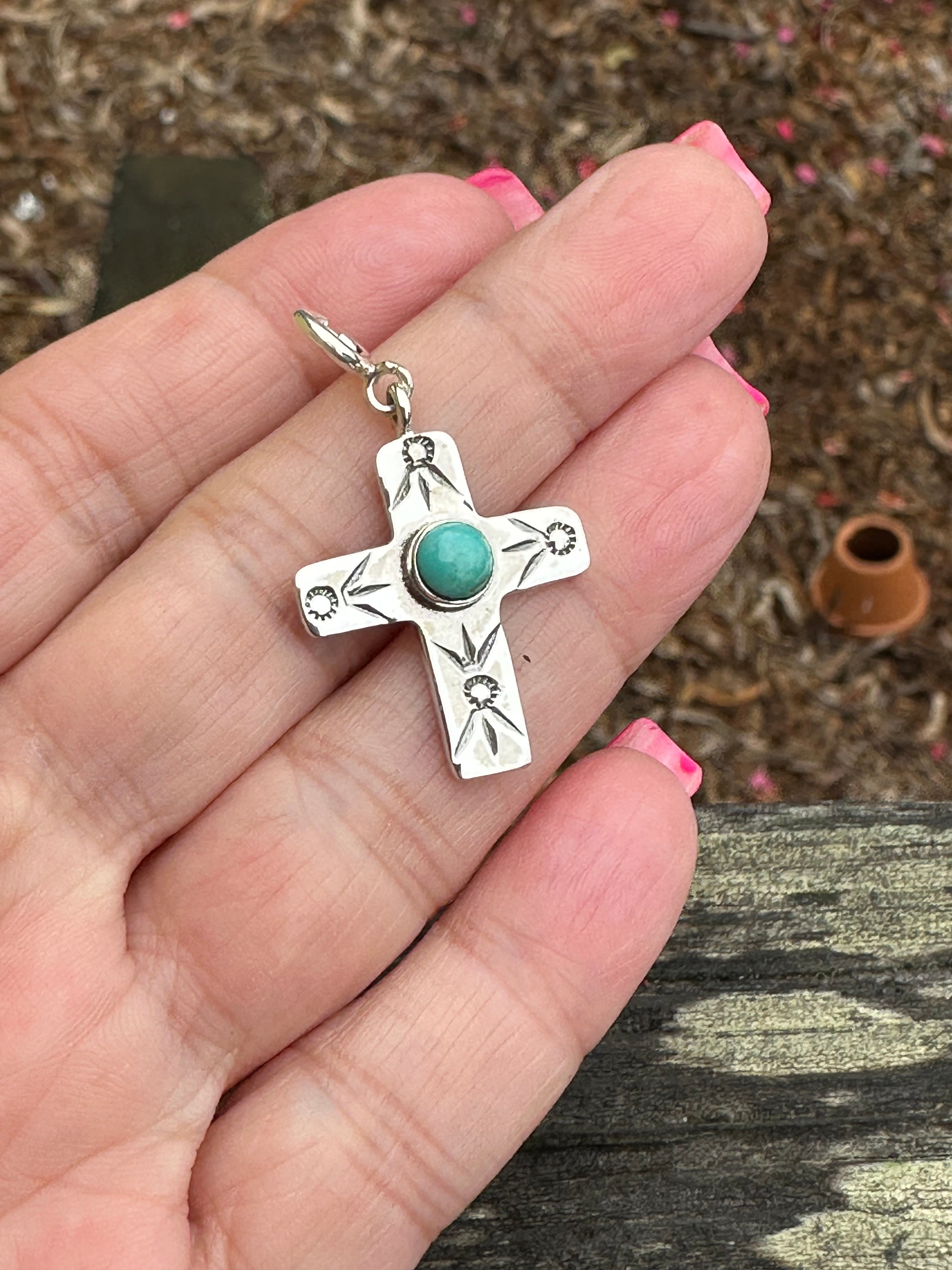 Sterling Silver and Turquoise Hand Stamped Cross Charm