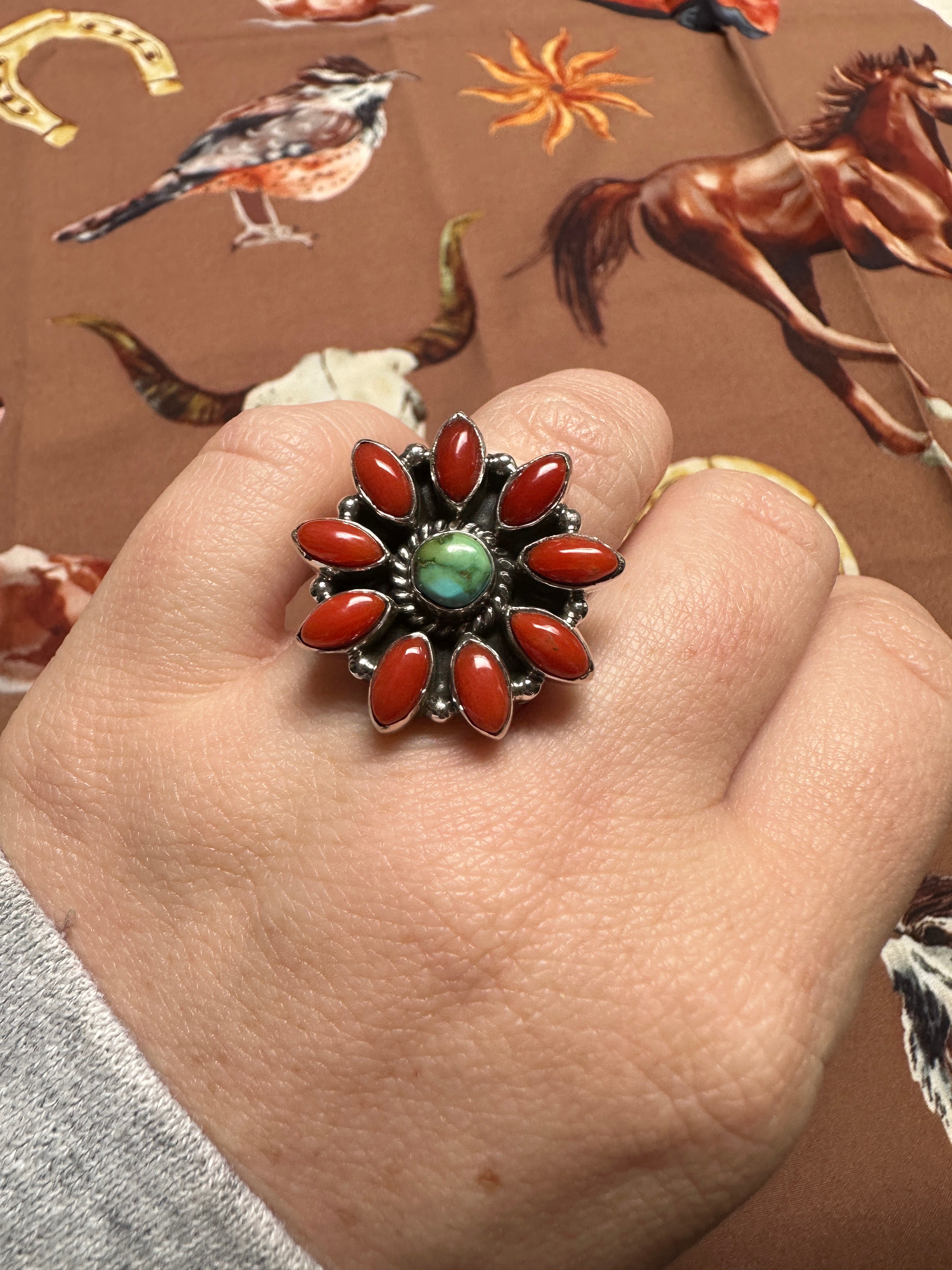 Beautiful Handmade Coral, Sonoran Turquoise And Sterling Silver Adjustable Ring STYLE 3