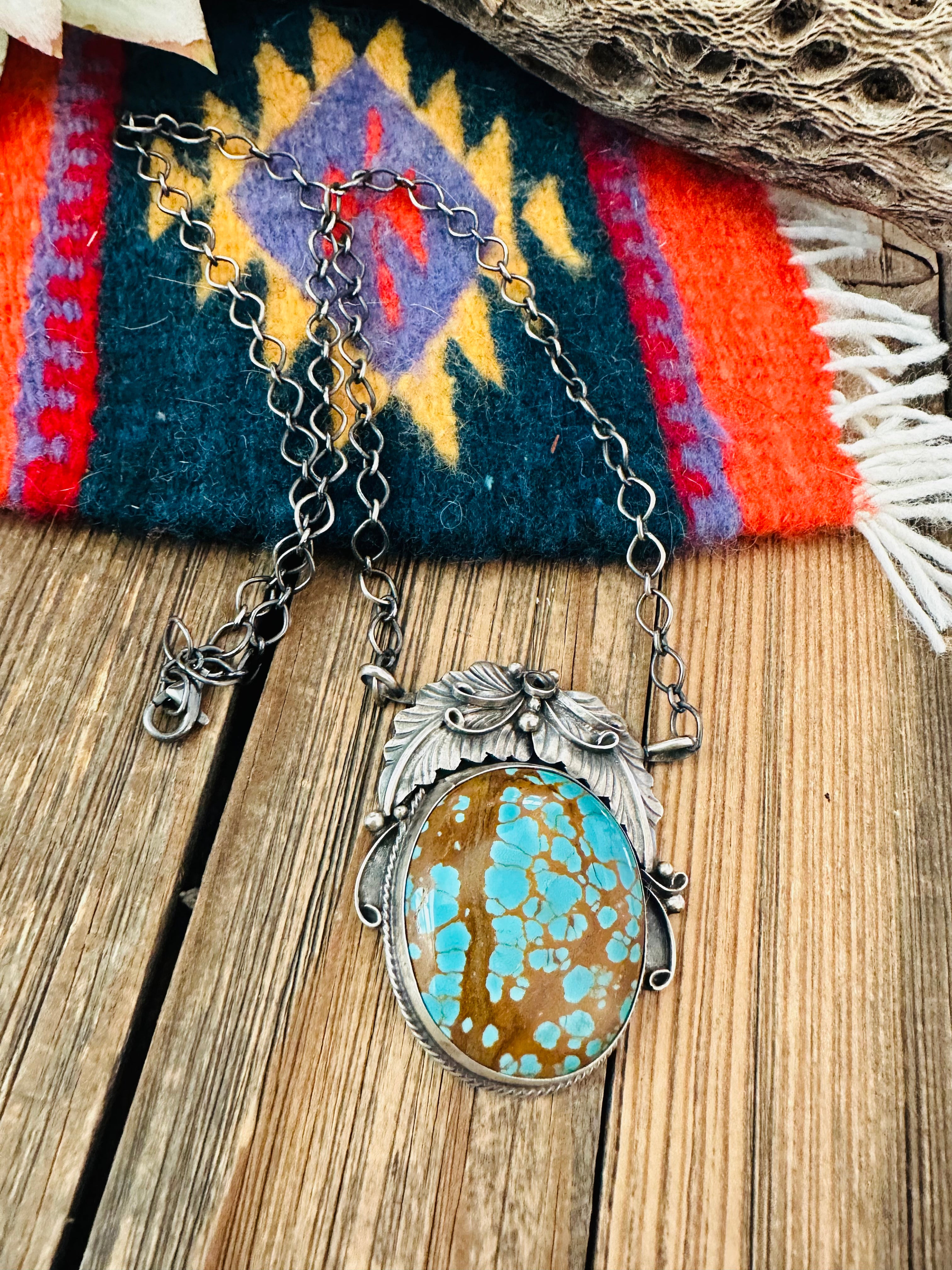 Navajo Sterling Silver & Number 8 Turquoise Necklace