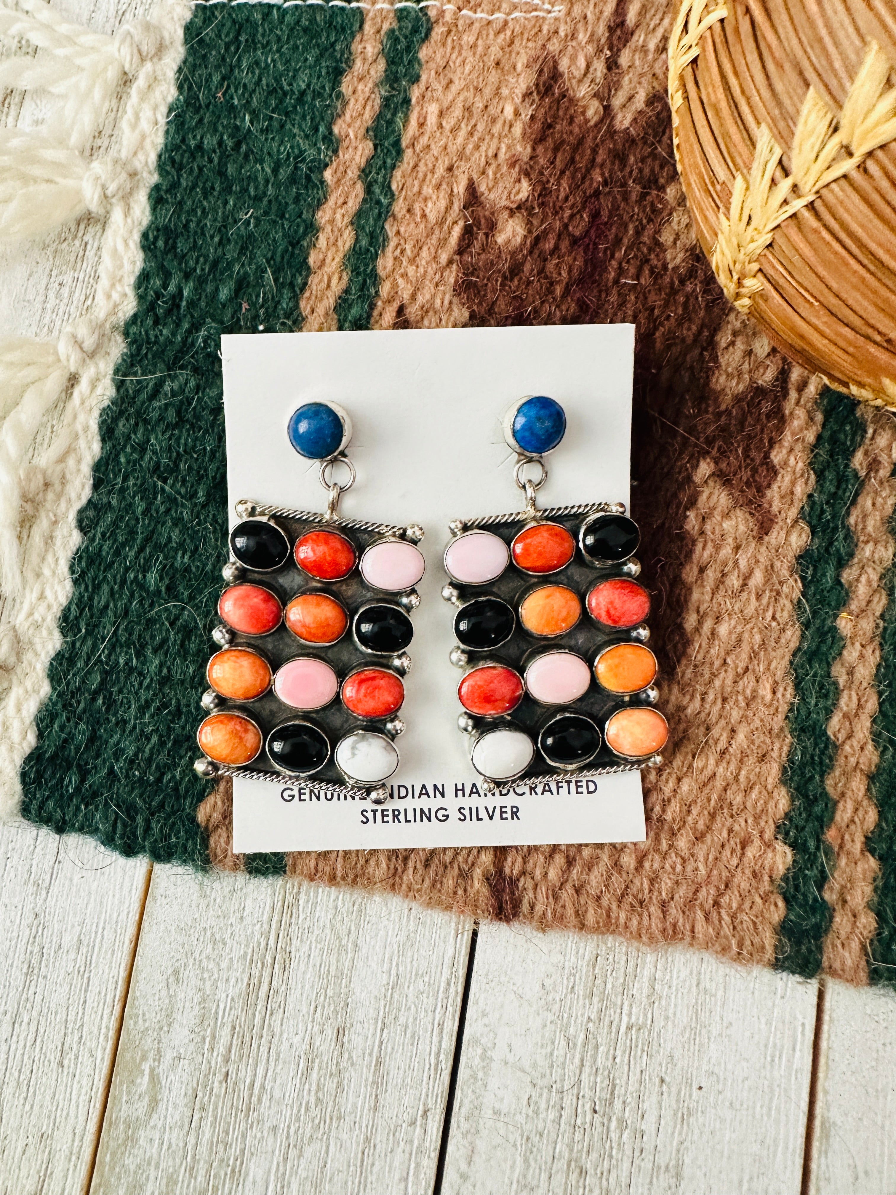 Navajo Multi Stone Spice And Sterling Silver Dangle Earrings by Jacqueline Silver