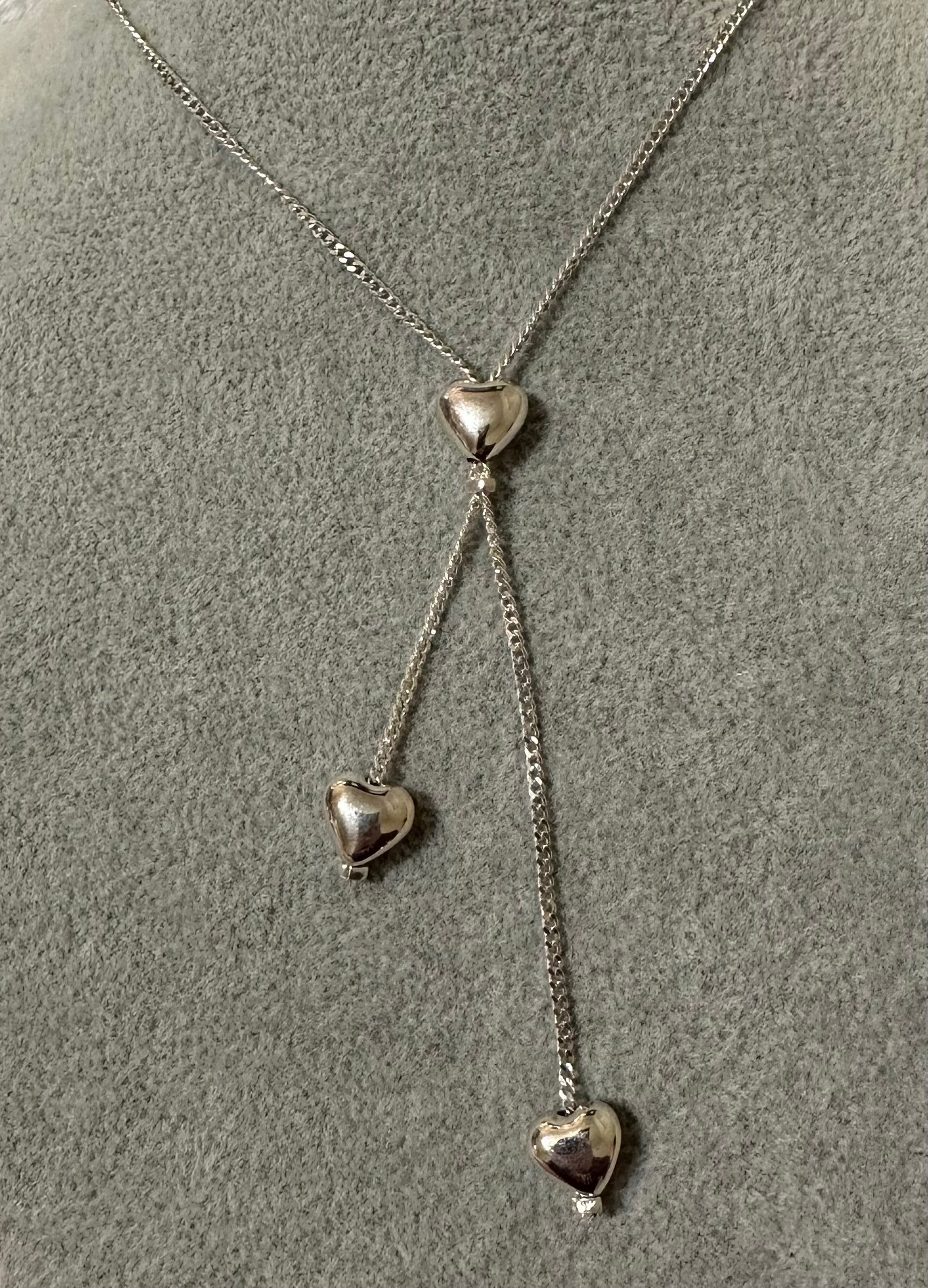 Puffed Hearts Lariat Sterling Silver Necklace