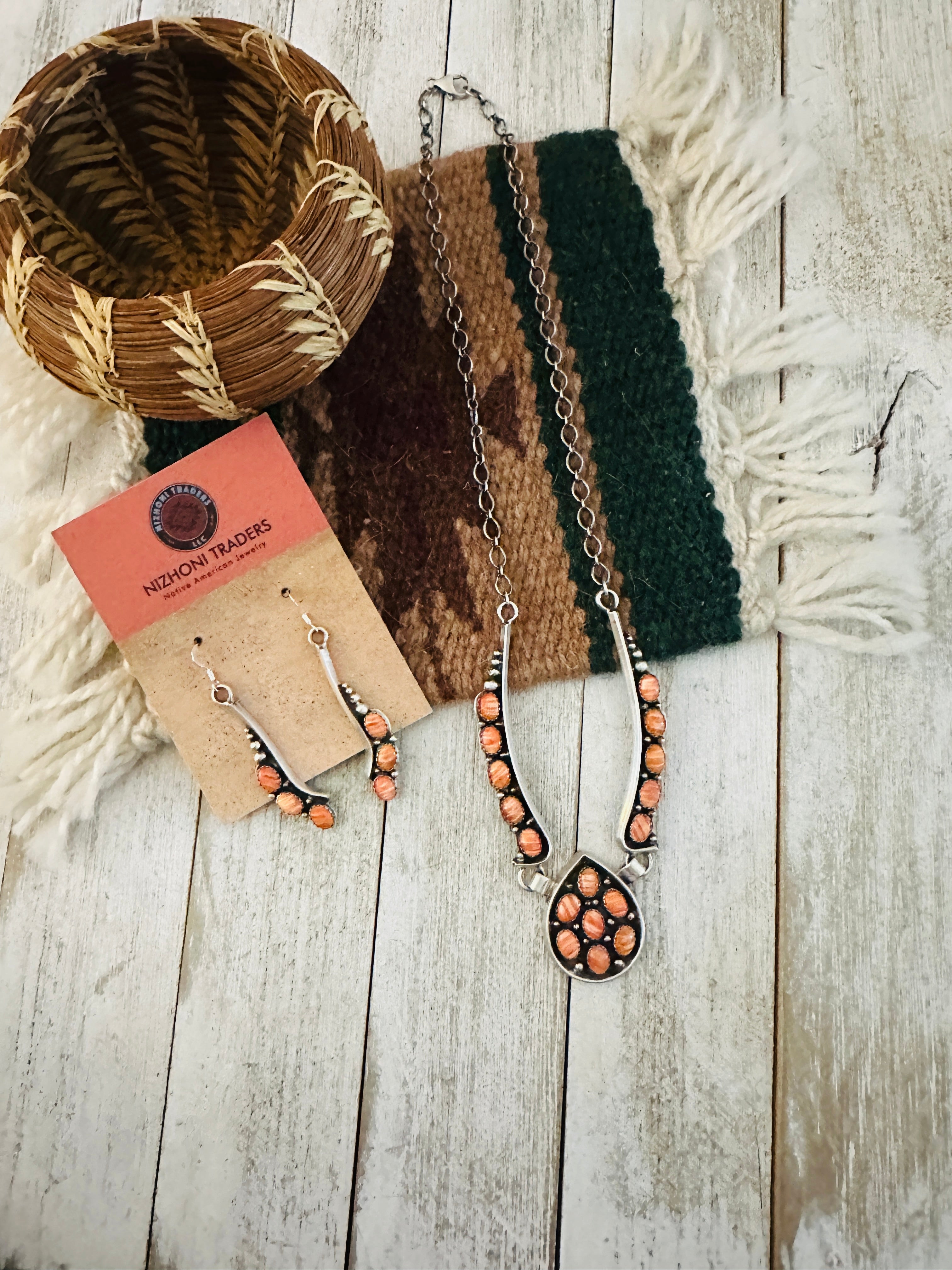 Navajo Sterling Silver & Orange Spiny Oyster Necklace Set