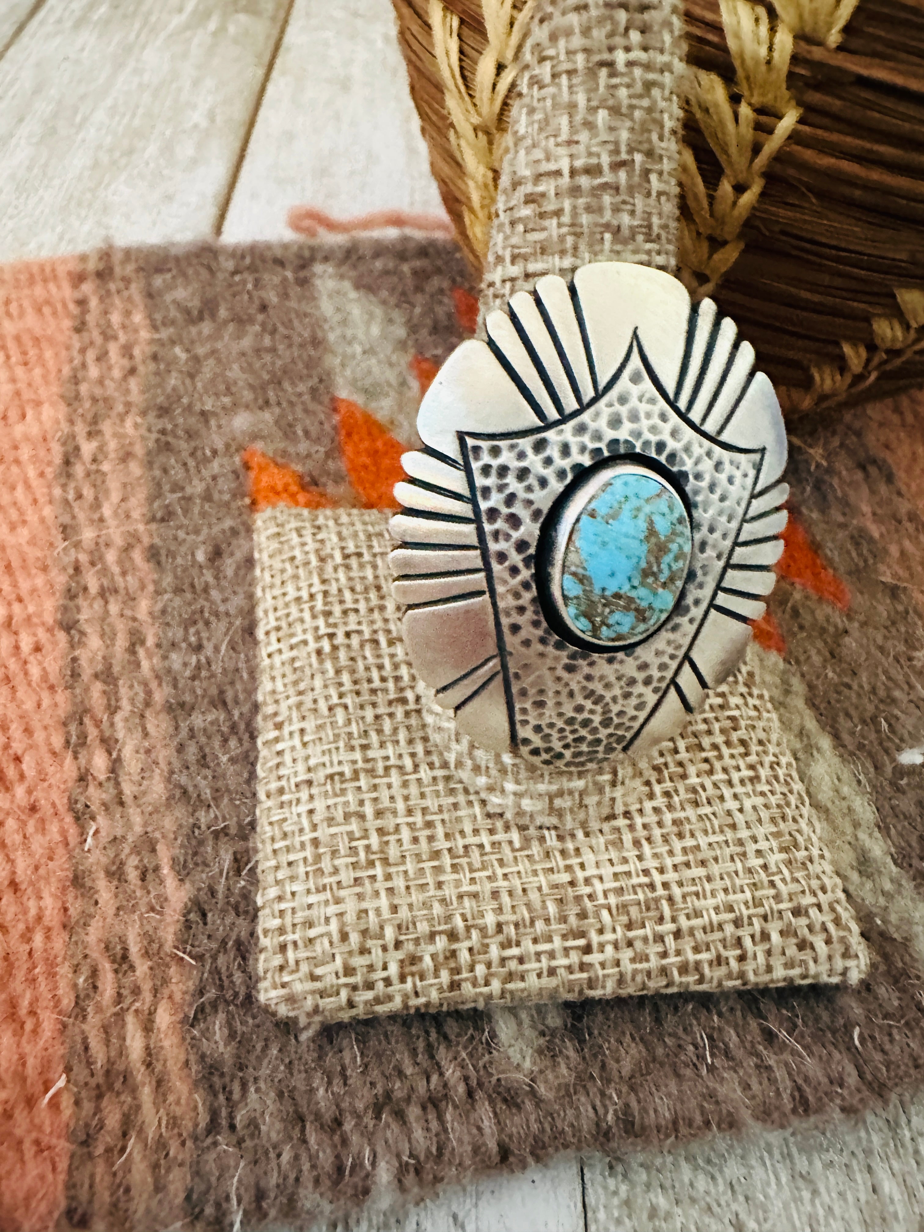 Handcrafted Hand Stamped Sterling Silver & Turquoise Ring Size 9