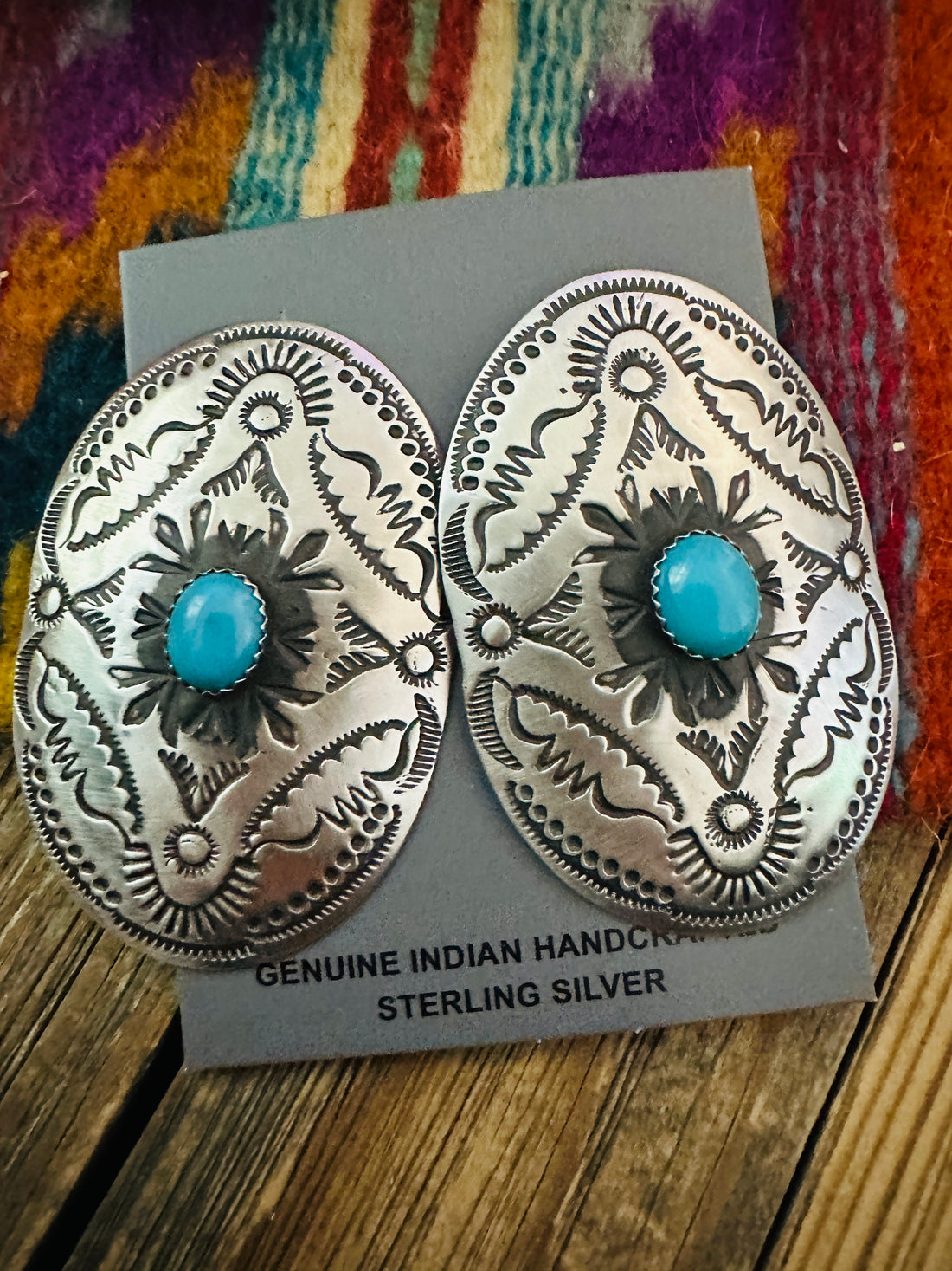 Handcrafted Turquoise & Sterling Silver Concho Post Earrings by Leander Tahe