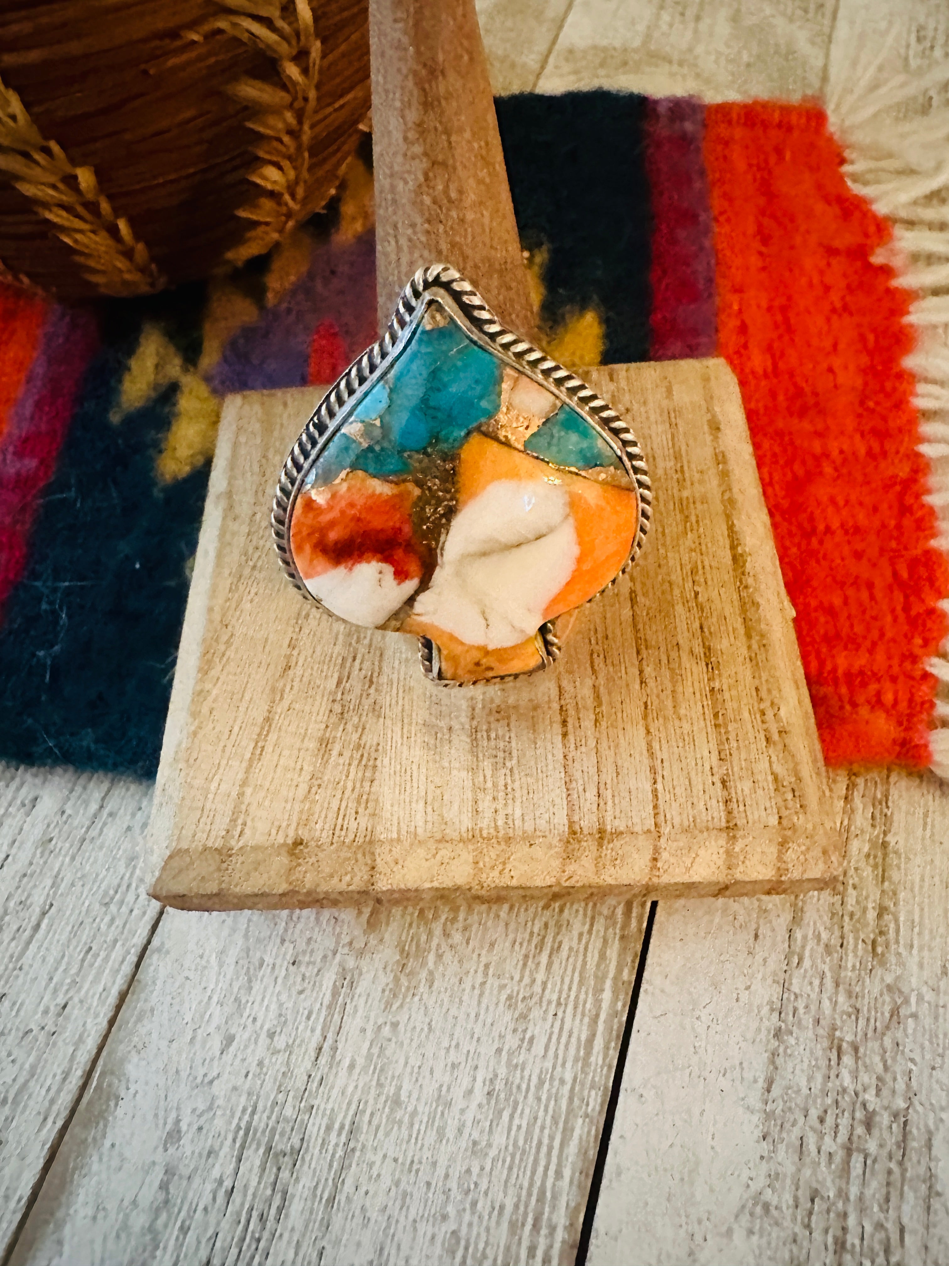 Navajo Sterling Silver & Multi Stone Spice Adjustable Spade Ring